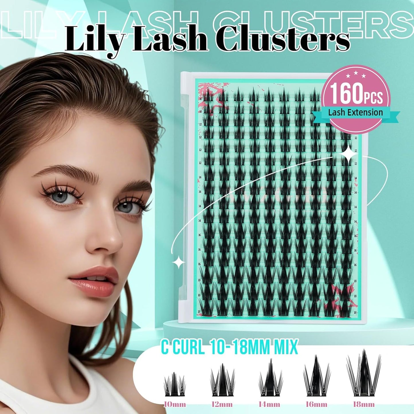 Lash Clusters 160PCS Fairy Eyelash Clusters with Manga Eyelashes Wide Stem Cluster Eyelash Extensions Natural Individual Lashes Cluster for Beginner Use at Home(Lily,C-Mix10-18mm)