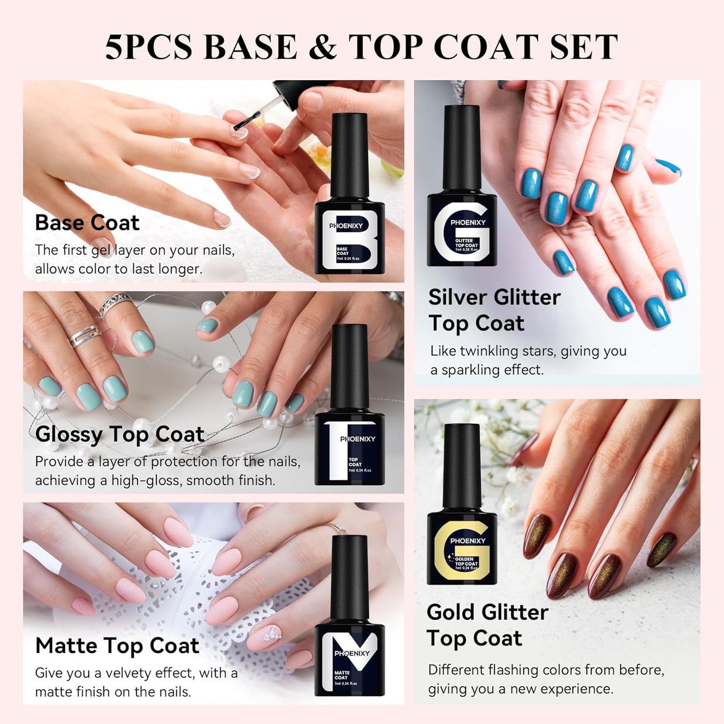 phoenixy Gel Nail Polish 25+5 PCS Gel Nail Polish Kit with Base Coat Glossy Matte Gold Glitter and Silver Glitter Top Coat Pink Red Green Starter Gift for Women