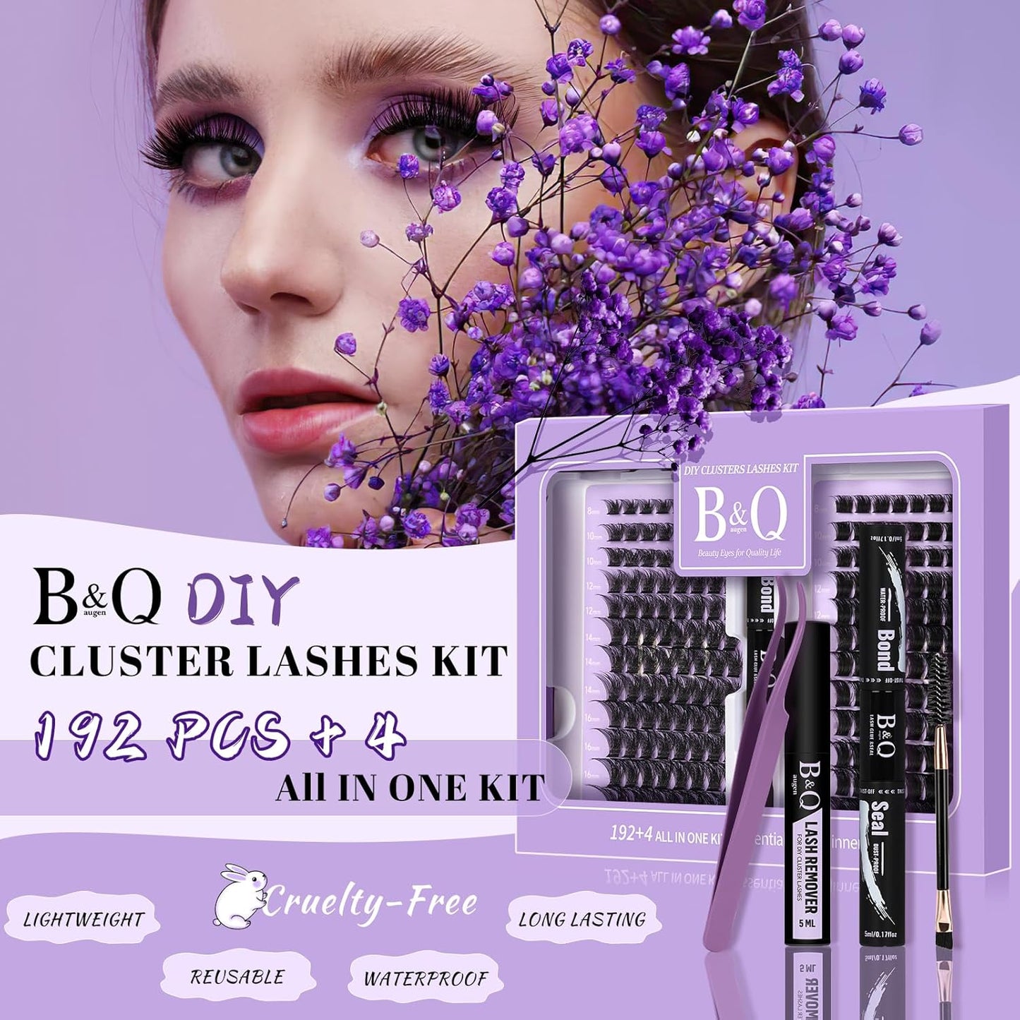 B&Q Lash Extension Kit 192 pcs Eyelash Extension Kit B02+B07 8-18mm Mixed Lash Clusters Kit Individual Lashes Kit Wispy with Lash Glue and Remover Applications Eyelash Kit (B02+B07, Kit)