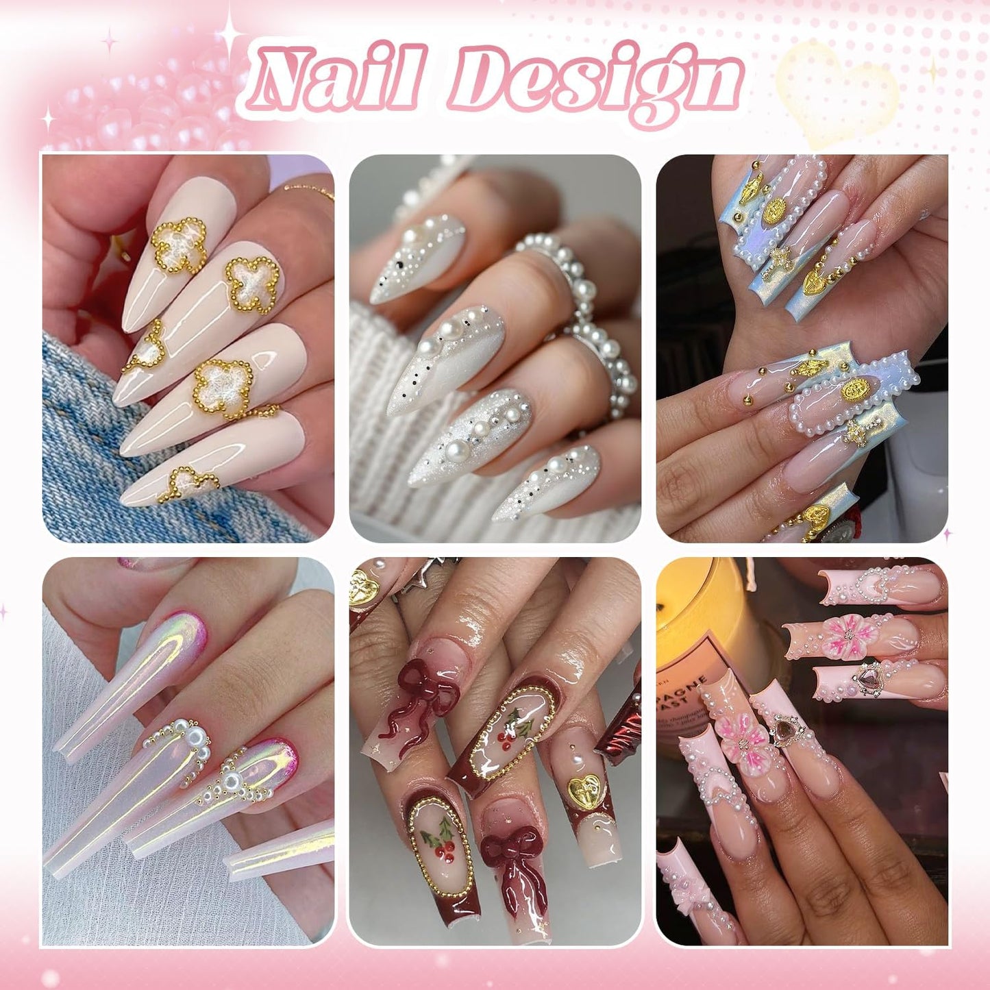 2 Boxes Flatback Pearls (White+Beige) and Silver+Gold Nail Beads for Nail Art with Rhinestone Glue Gel, Pearl Nail Charms and Gems and Small Round Caviar Beads for Acrylic Nail Tips Manicure