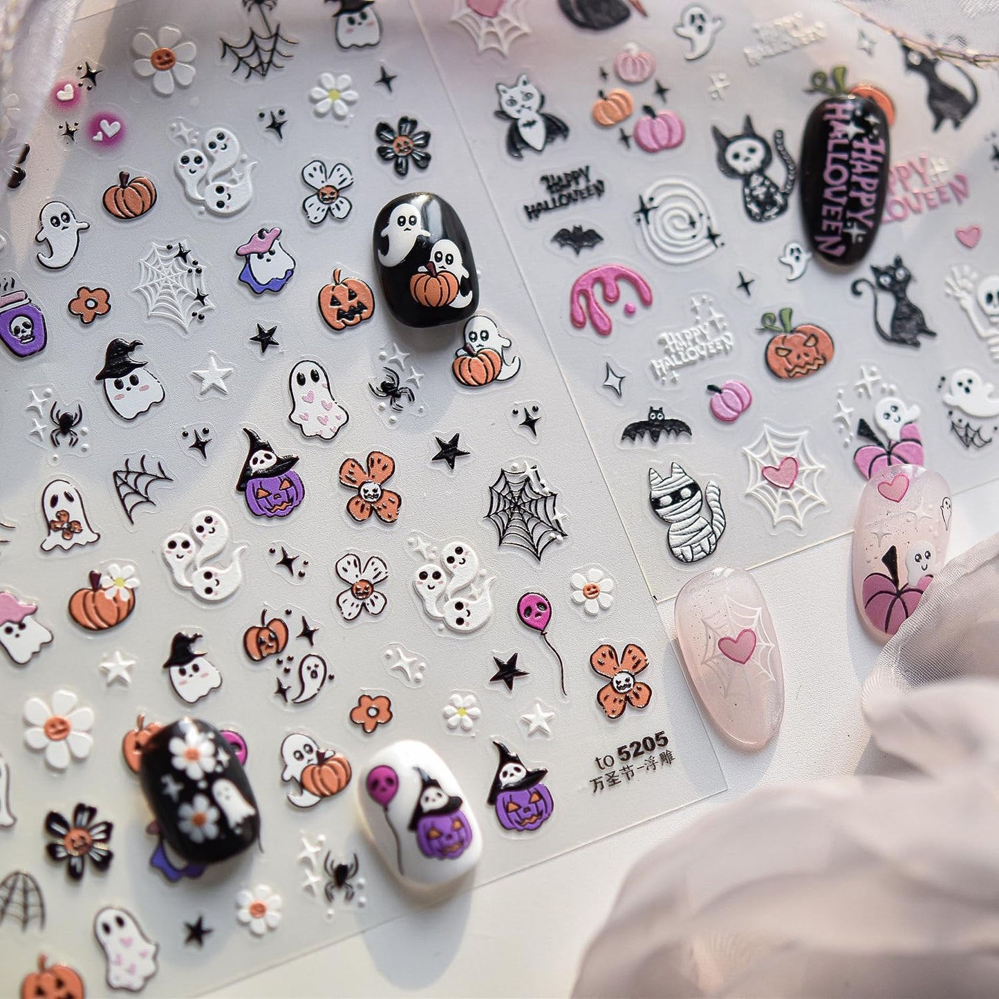 Halloween Ghost Nail Stickers 5D Embossed Halloween Nail Decals for Nail Art Designs Self Adhesive Cute Pumpkin Spider Nail Art Stickers Flower Nails Supplies for Women Nail Manicure