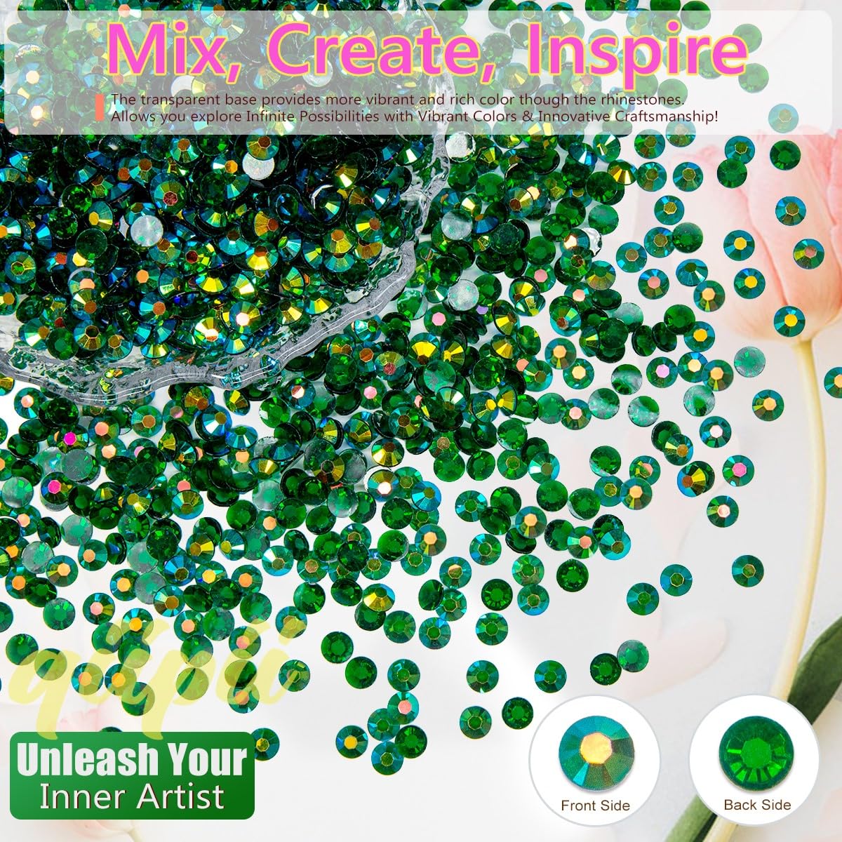 16000PCS Emerald Green AB Resin Rhinestones for Crafting 3mm 4mm 5mm Dark Green Flatback Jelly Stones Bulk SS10 SS16 SS20 Peacok Diamonds Gems for Nails Face Eyes Makeup Tumblers Bottles Crafts