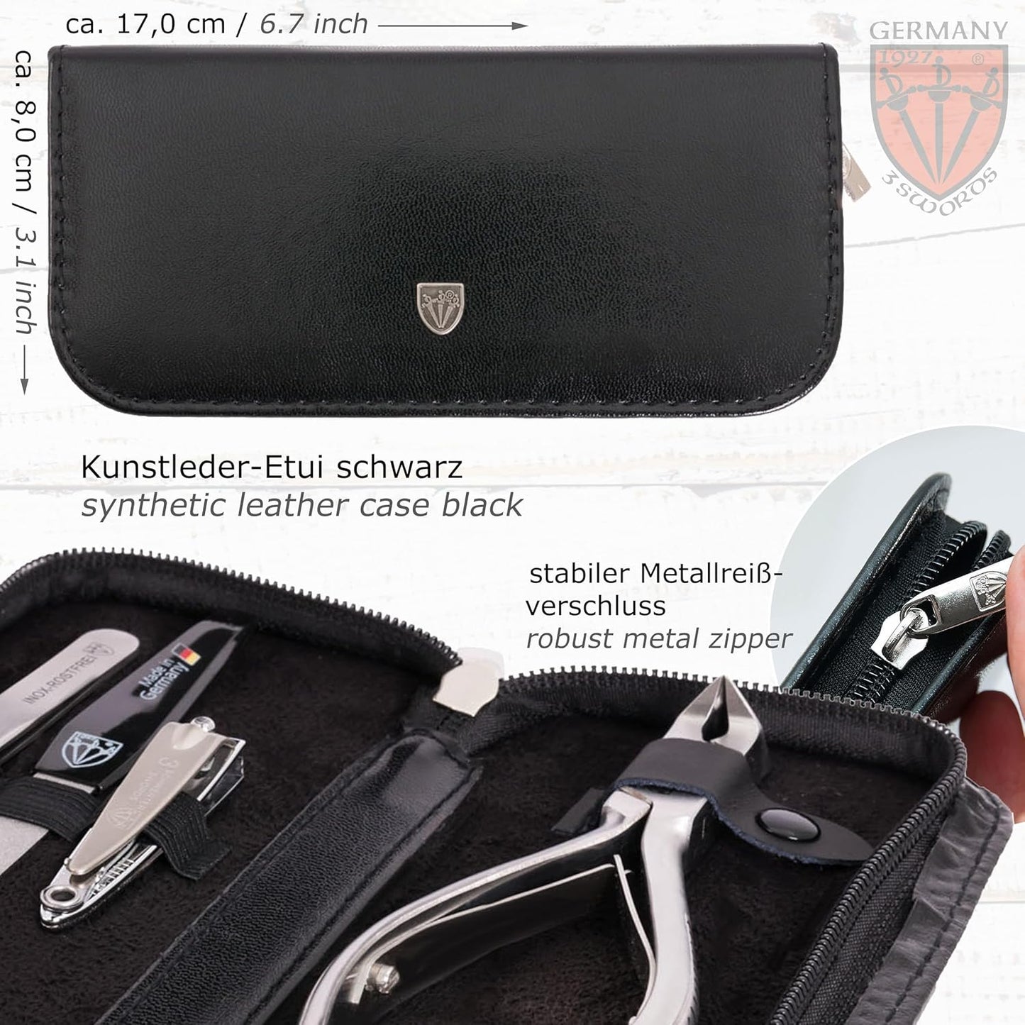 3 Swords Germany - Brand Quality Professional Toe Nail Nipper Set Stainless Steel INOX Wave Nipper, Head Cutter, Nail File Finger Clipper, Tweezers with case for ingrown Toe Nails by 3 Swords (202)