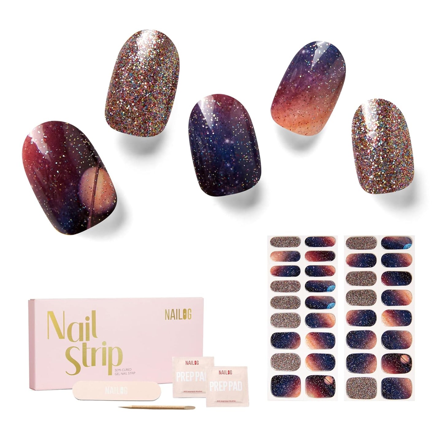 NAILOG Semi Cured Gel Nail Strips 34 pcs| Buy 2 Get 1 UV Lamp | Long Lasting Nail Polish Sticker Wraps with Glossy Gel Finish, Milky Way
