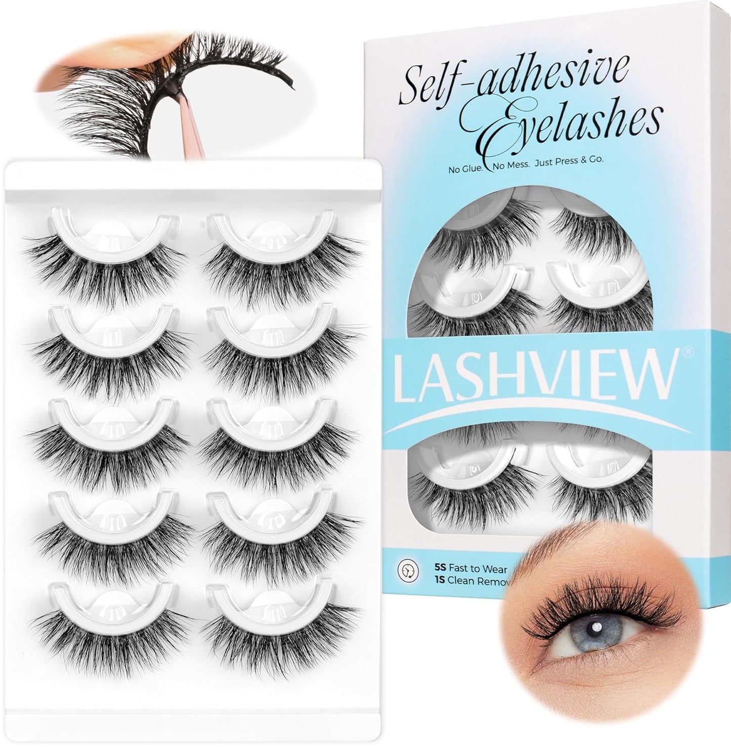 LASHVIEW Self Adhesive Eyelashes 5 Pairs Cat Eye Wispy Self-adhesive False Lashes Reusable Natural Look Press On Lashes No Glue Need Eyelashes with Replacement Adhesive Strips (CV130)