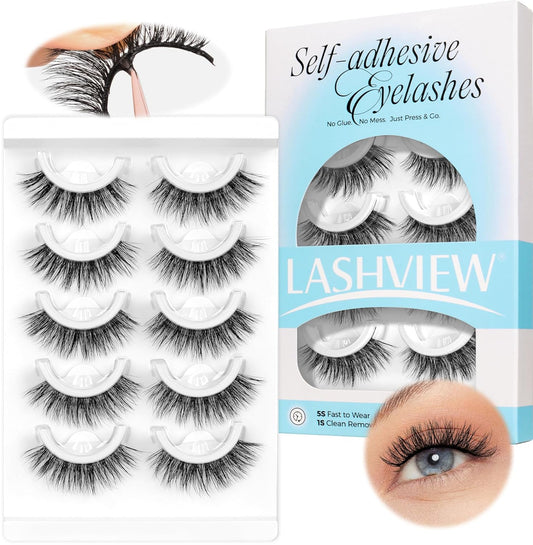 LASHVIEW Self Adhesive Eyelashes 5 Pairs Cat Eye Wispy Self-adhesive False Lashes Reusable Natural Look Press On Lashes No Glue Need Eyelashes with Replacement Adhesive Strips (CV130)