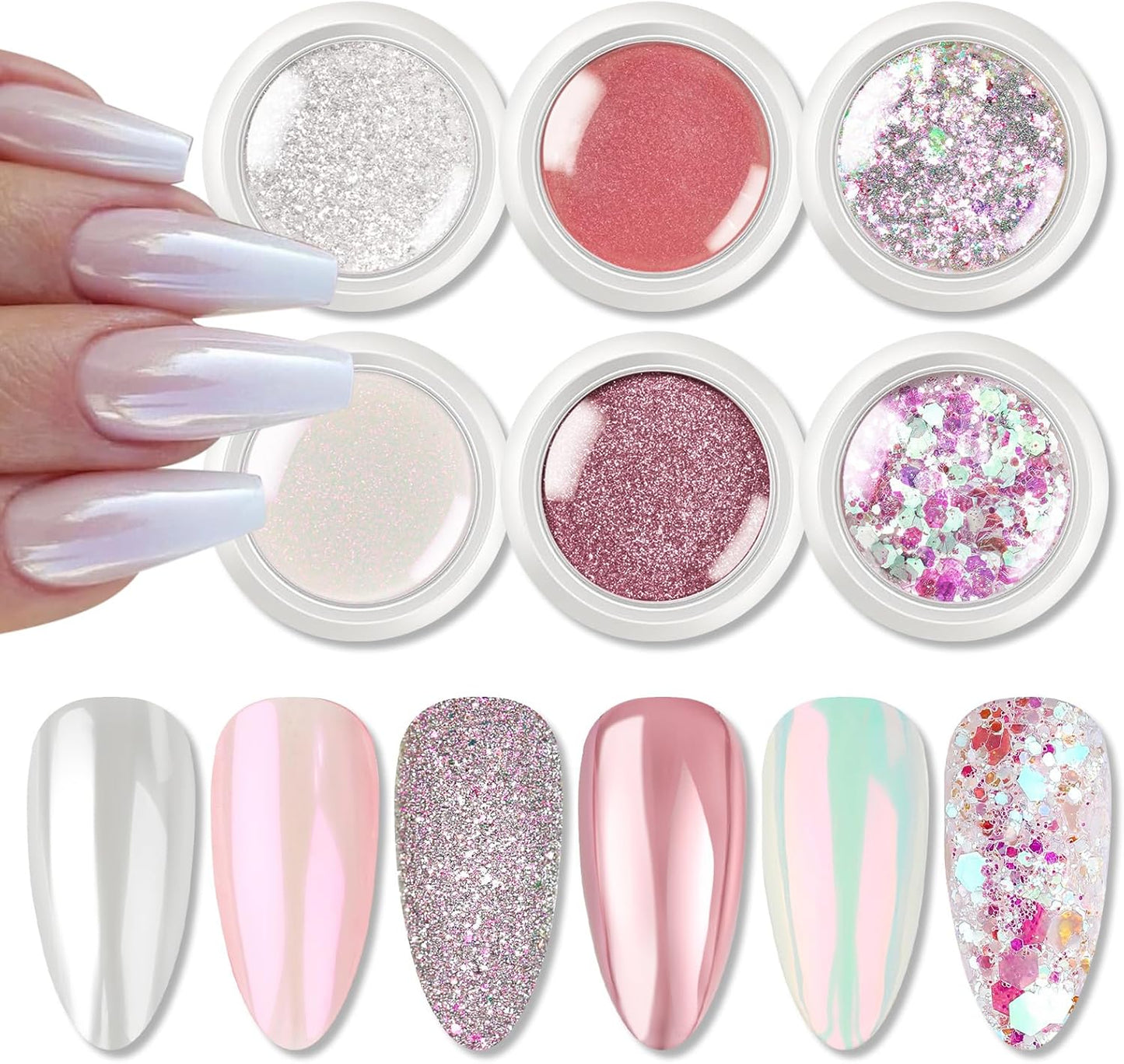 Born Pretty Pink Chrome Nail Powder Metallic Mirror Glitter Sequins Holographic Aurora Pigment Powder Manicure Nail Art Decoration Sets 6 Boxes