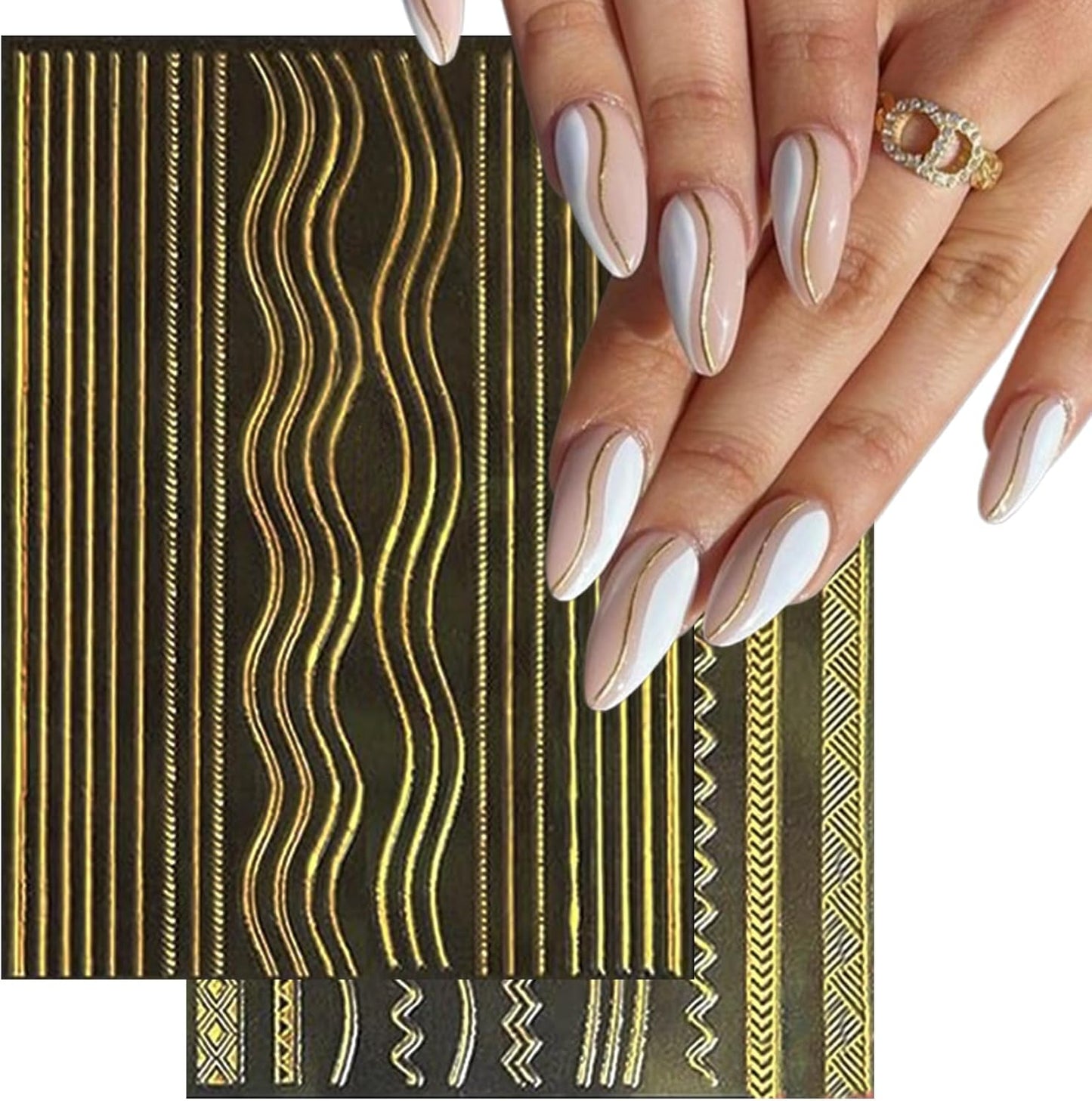12 Sheets Gold Line Nail Art Stickers - French Smile Waves Strip Self-Adhesive Nail Decals for DIY Geometric Manicure