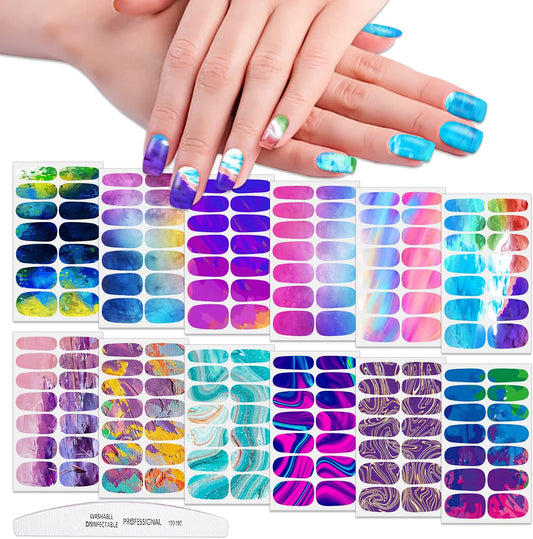 WOKOTO 12 Sheets Colorful Gradient Full Nail Polish Stickers False Nail Design Stickers Full Nail Wraps for Women Girls Macaron Colors Graffiti Nail Stickers for Nails Stick On Nail Polish Strips