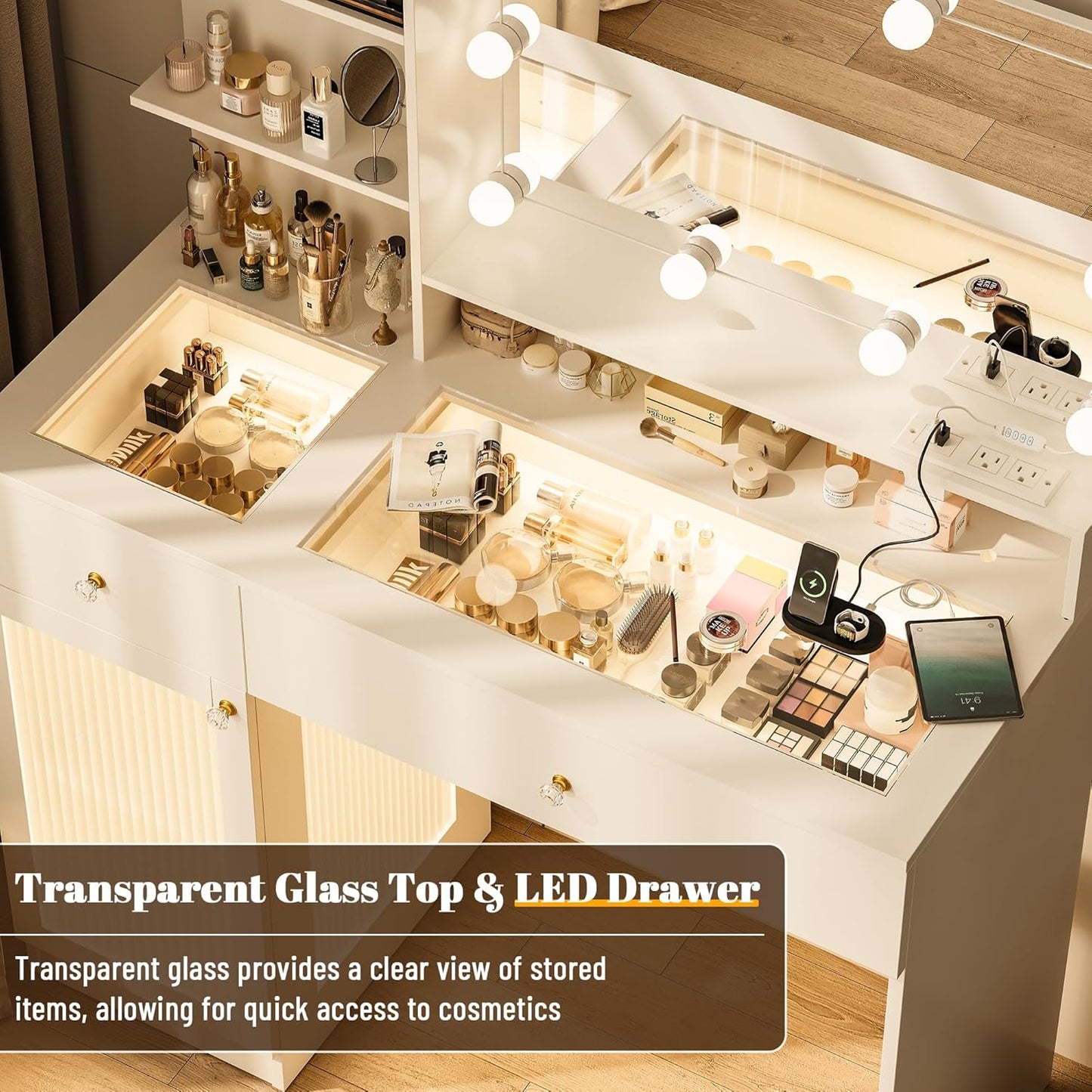 40" Vanity Desk with Large Mirror and Lights, Modern Glass Top Makeup Vanity Set with Power Outlet, Drawers and Cabinet, 3 Lighting Color Adjustable Dressing Table for Bedroom,White