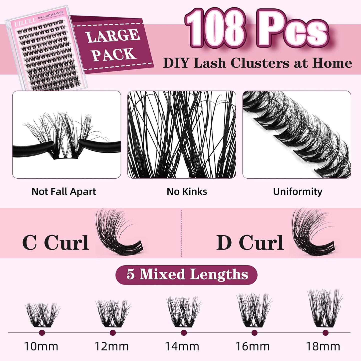 Lash Clusters kit 10-18mm DIY Lash Extension Kit 108 D Curl Fluffy Lashes Clusters 0.07D Individual Lashes Clusters False Eyelashes Natural Eye Lash Kits Extensions Kit
