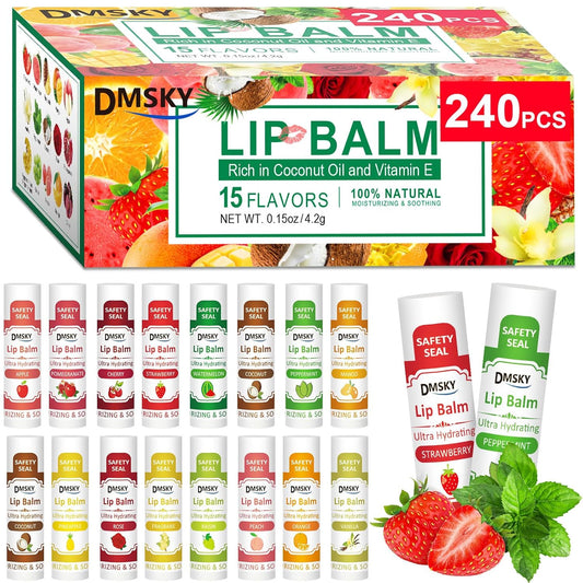 DMSKY Lip Balm 240 Pack, Lip Balm Bulk with Vitamin E and Coconut Oil, Moisturizing Lip Balm for Dry Cracked Lips-15 Flavors