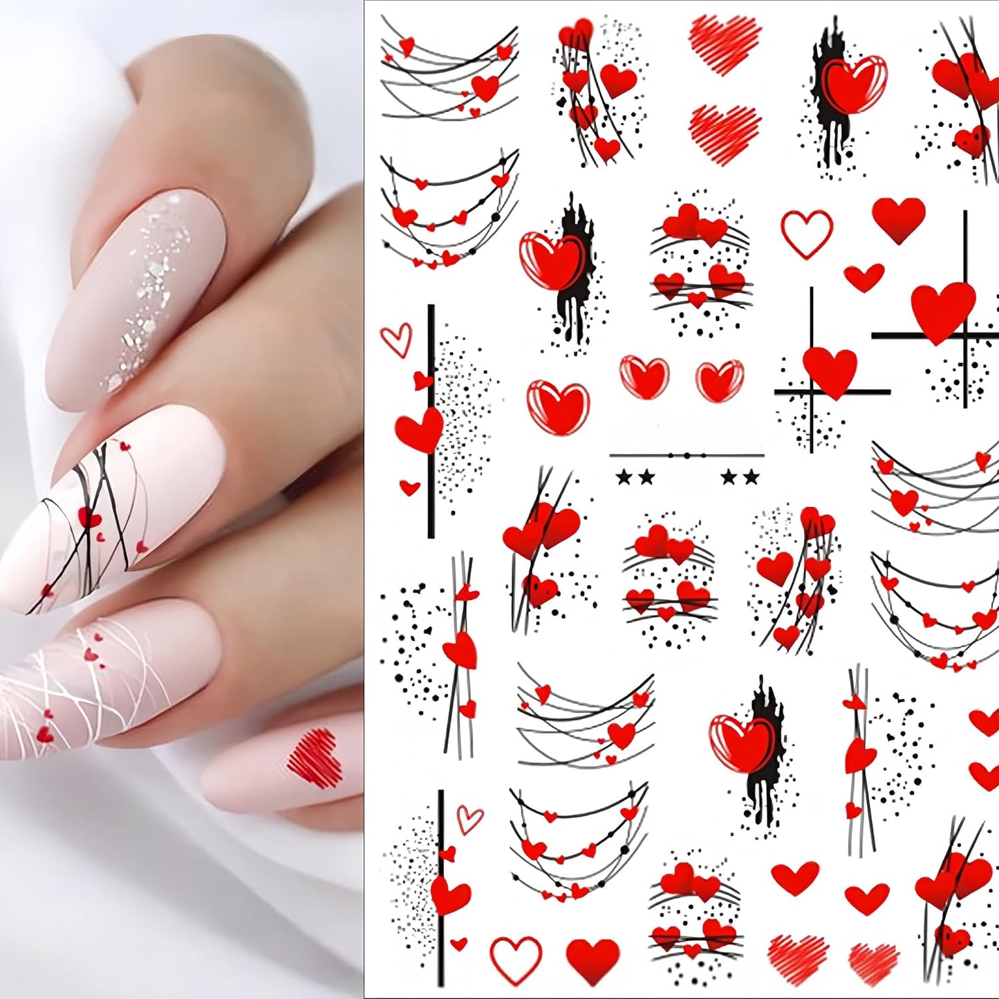 6 Sheets Valentine's Nail Stickers 3D Self-Adhesive Red Couple Balloon Pattern Stickers Romantic Design for Women Girls Valentine's Nail Art Decoration
