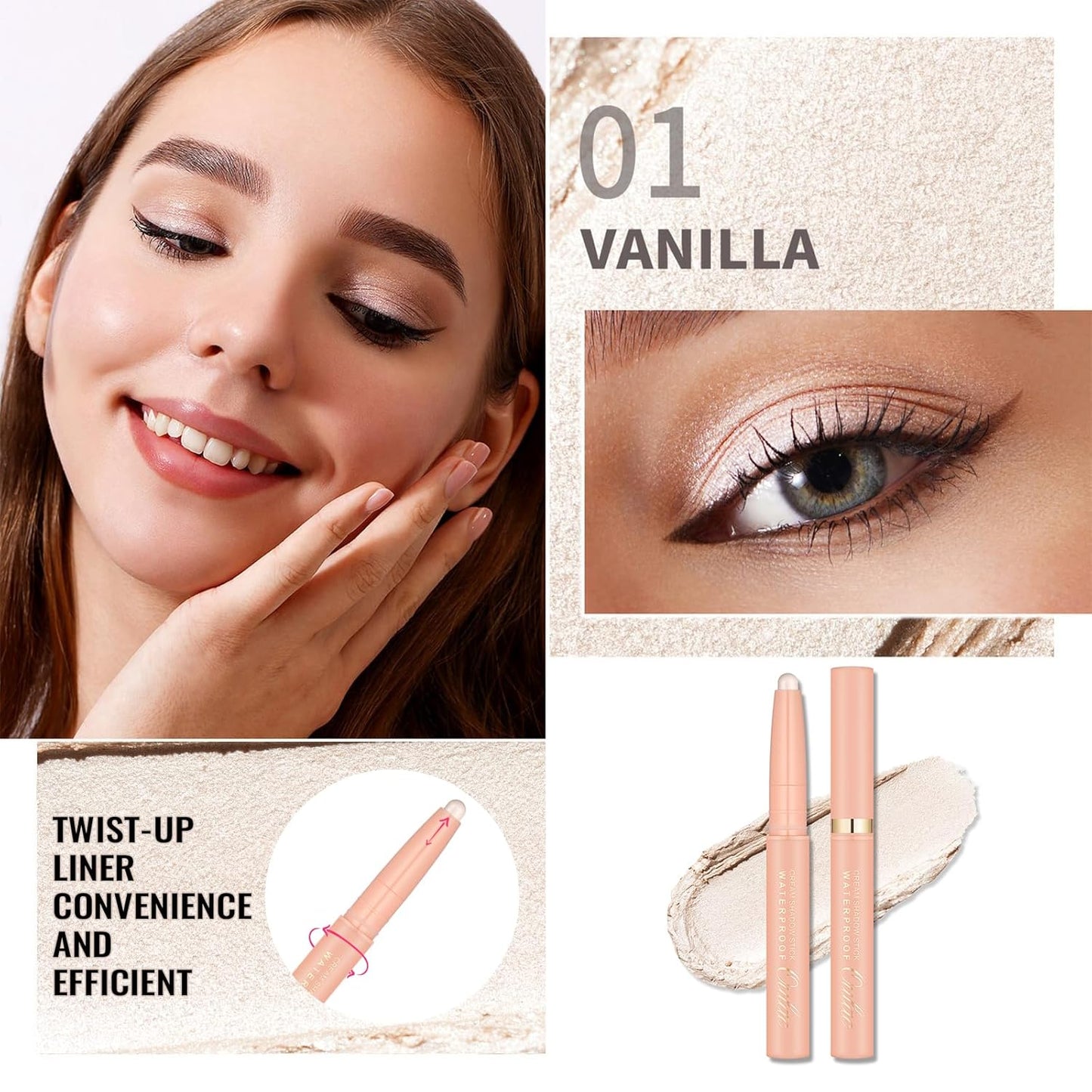 Oulac Twist-Up Shimmer Eyeshadow Stick – Waterproof Creamy Blendable Texture, Vegan & Cruelty-Free Eye Makeup, 1.25g, 01Vanilla