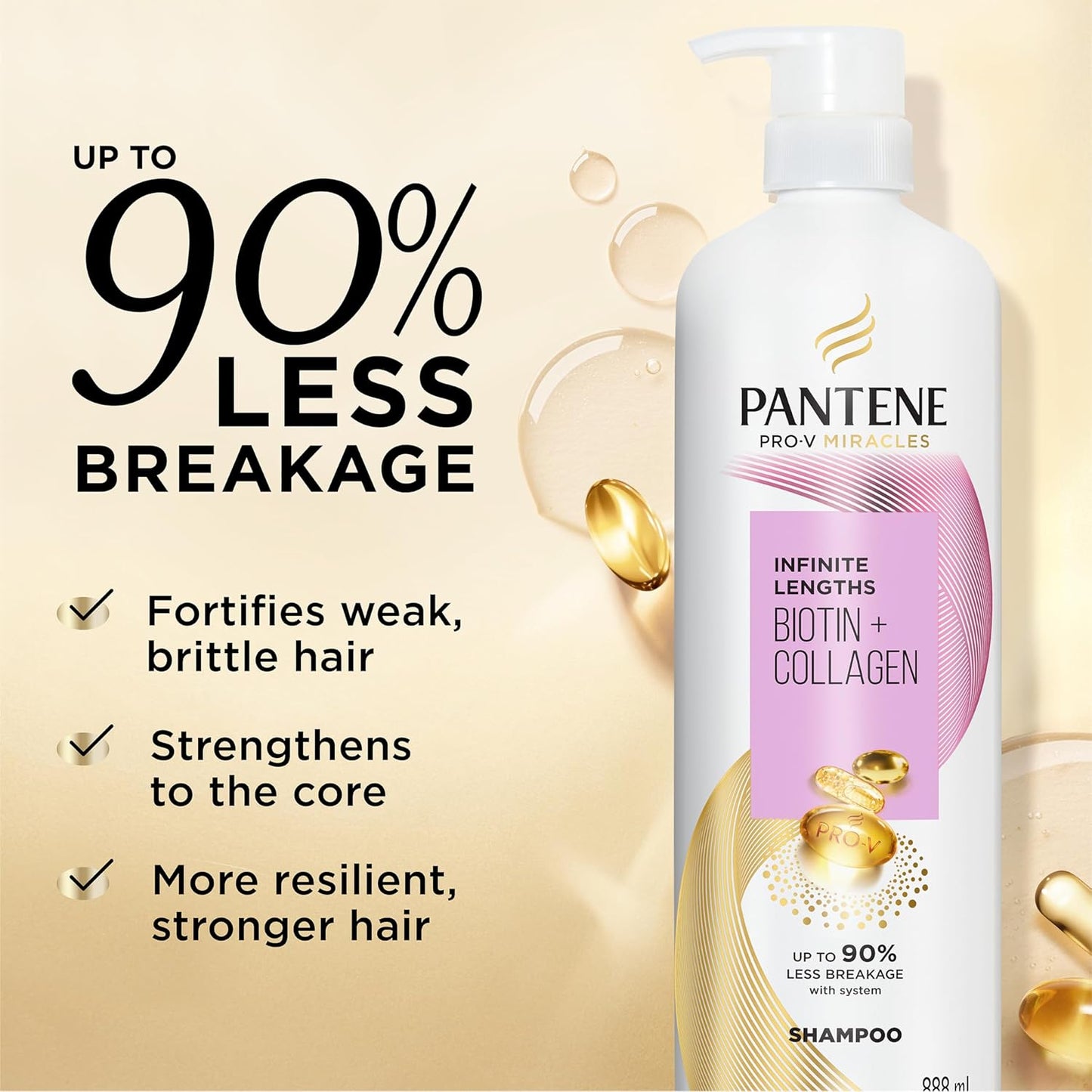 Pantene Infinite Lengths Shampoo, Sulfate Free with Biotin + Collagen, Strengthens Brittle Hair, Up to 90% Less Breakage, Safe for Color Treated Hair, Pro-V Miracles, Floral Scent, 30 Fl Oz