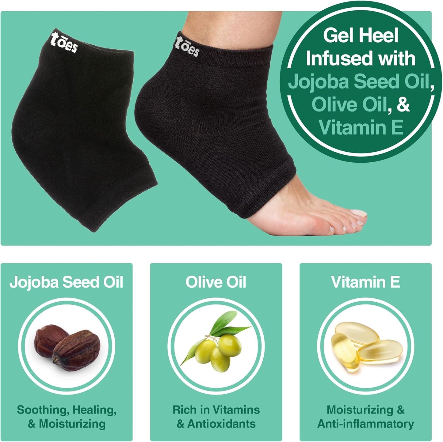 ZenToes Moisturizing Socks for Cracked Heel Treatment - Vitamin E, Olive Oil and Jojoba Oil Infused Heel Socks to Soften and Hydrate (Cotton Black, Regular)