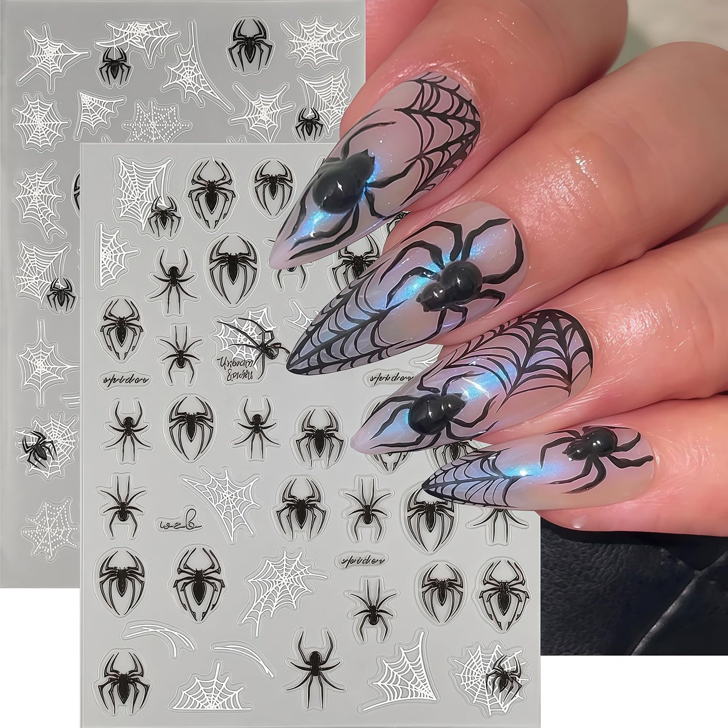 Halloween Spider for Nails Stickers Holiday Nail Decals 3D Self-Adhesive Black and White Spider Web Stickers Halloween Nail Art Sticker for Women Girls DIY Manicure Nails Accessories