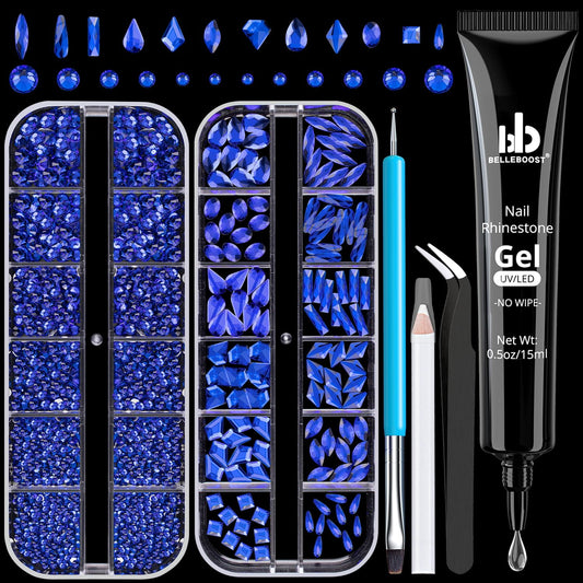 Rhinestones for Nails, Manicure Kit with Rhinestone Glue Gel, Multi Shapes Dark Blue Glass 3D Nail Charms + Flatback 2-5mm Round Beads & Gem Glue (UV/LED Needed) with Dotting Tools