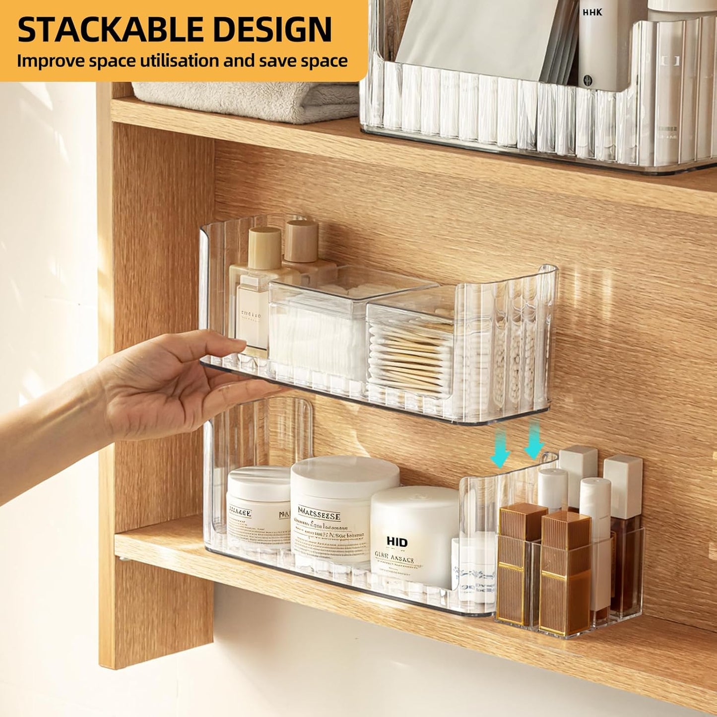 2-Tier Stackable Medicine Cabinet Organizer, Narrow Bathroom Makeup Organizer with Lipstick Holders & Cotton Swab Cases, Clear Countertop Shelf for Mirror Cabinet and Vanity