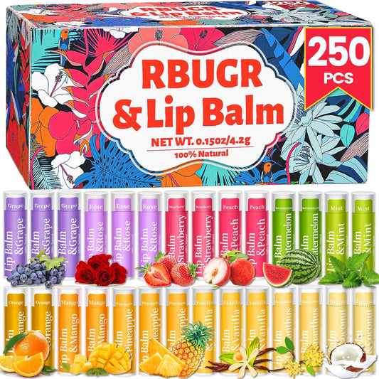 250 Pcs Lip Balm Bulk,12 Fruit Flavored Natural Bulk Lip Balm, Lip Balms Pack with Vitamin E, Lip Balms Gift Set Women Stocking Stuffers Party Favors, Moisturizing&Soothing(4.2g/0.15oz)