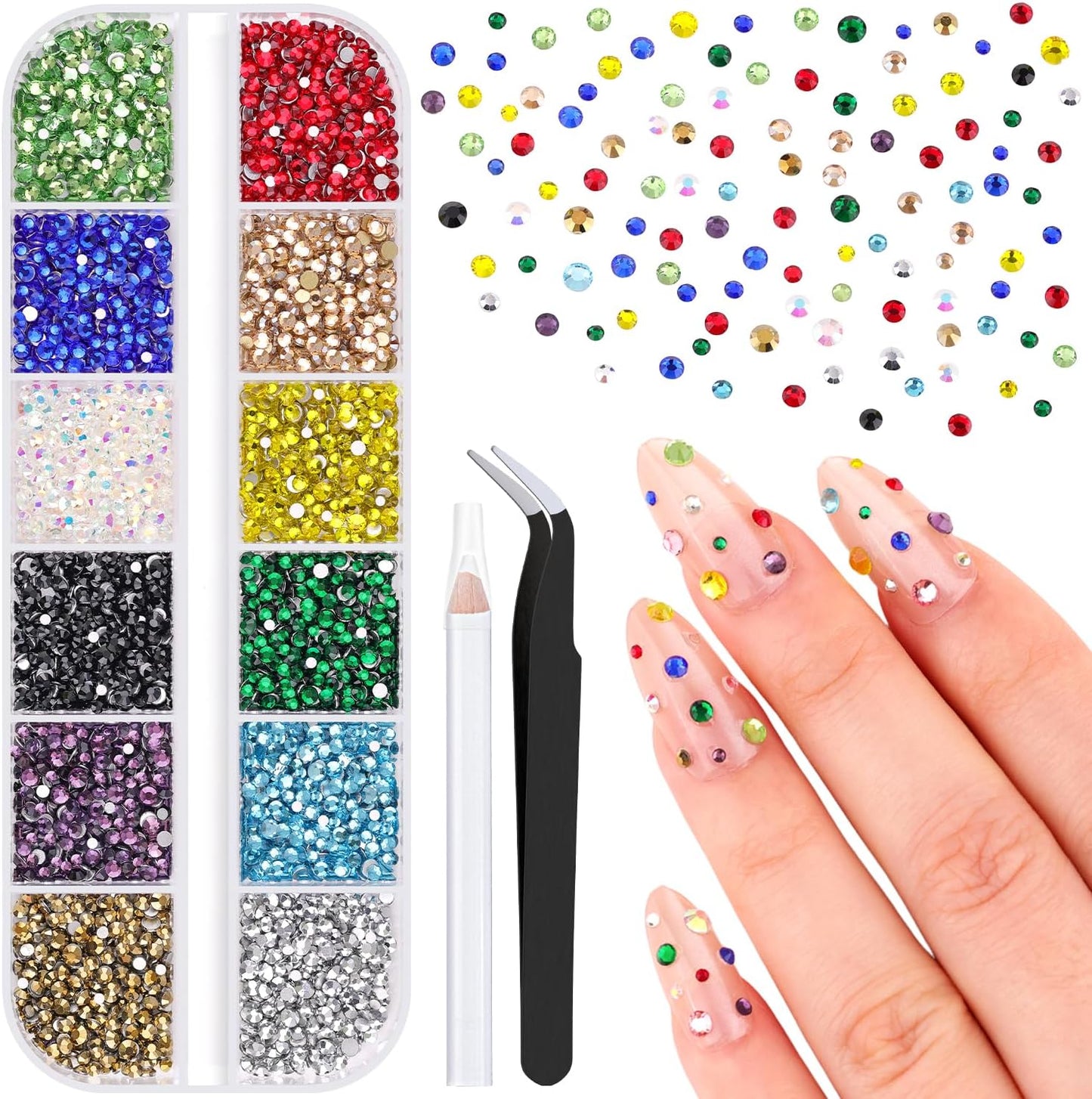 4200Pcs Glass Crystal Small Rhinestones for Nail Art, Colourful SS3-SS10 Flatback Bedazzling Gems, Nail Rhinestones and Gems Crystals Charms for Acrylic Tips Manicure Decor