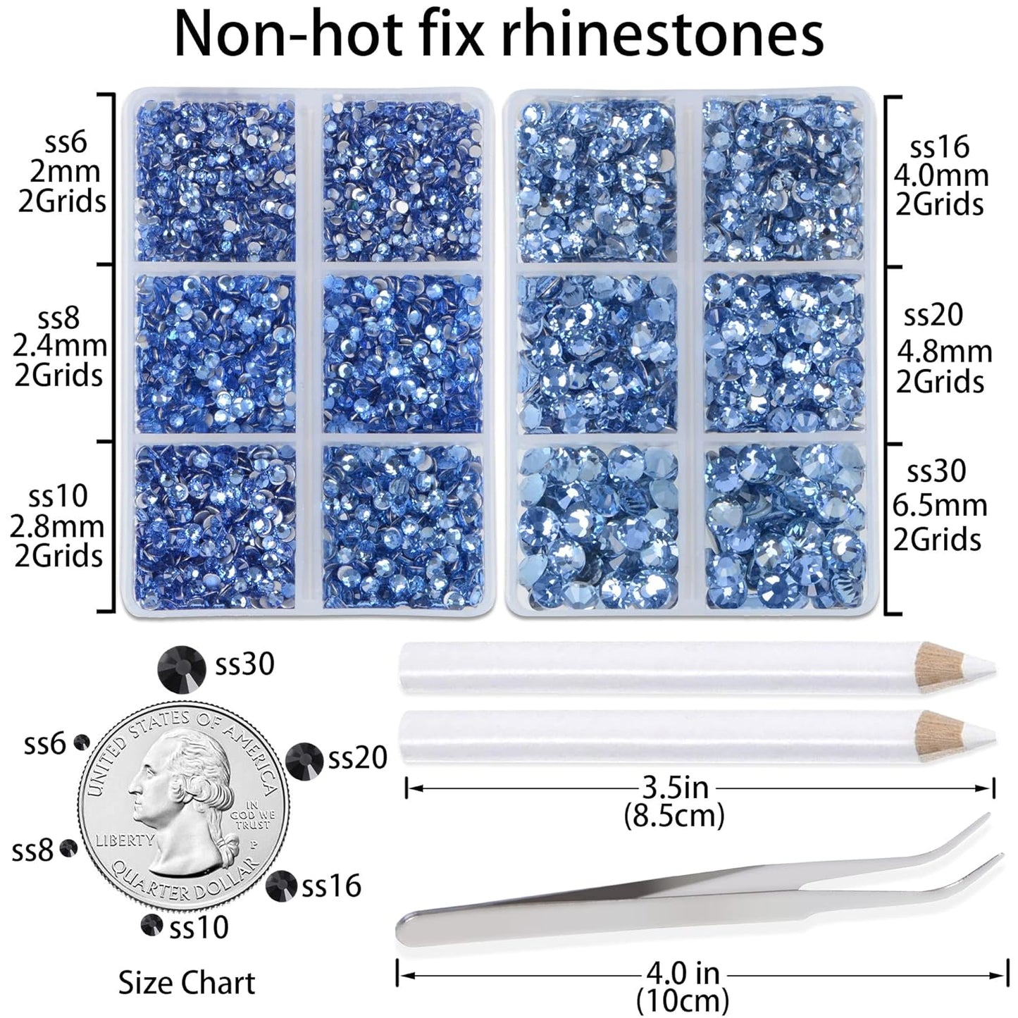 LPBeads 6000 Pieces Lt Sapphire Non Hotfix Rhinestones 6 Sizes Round Crystal Glass Flat Back Rhinestones with Tweezers and Picking Pen for Nail Art Crafts Clothes Bags DIY