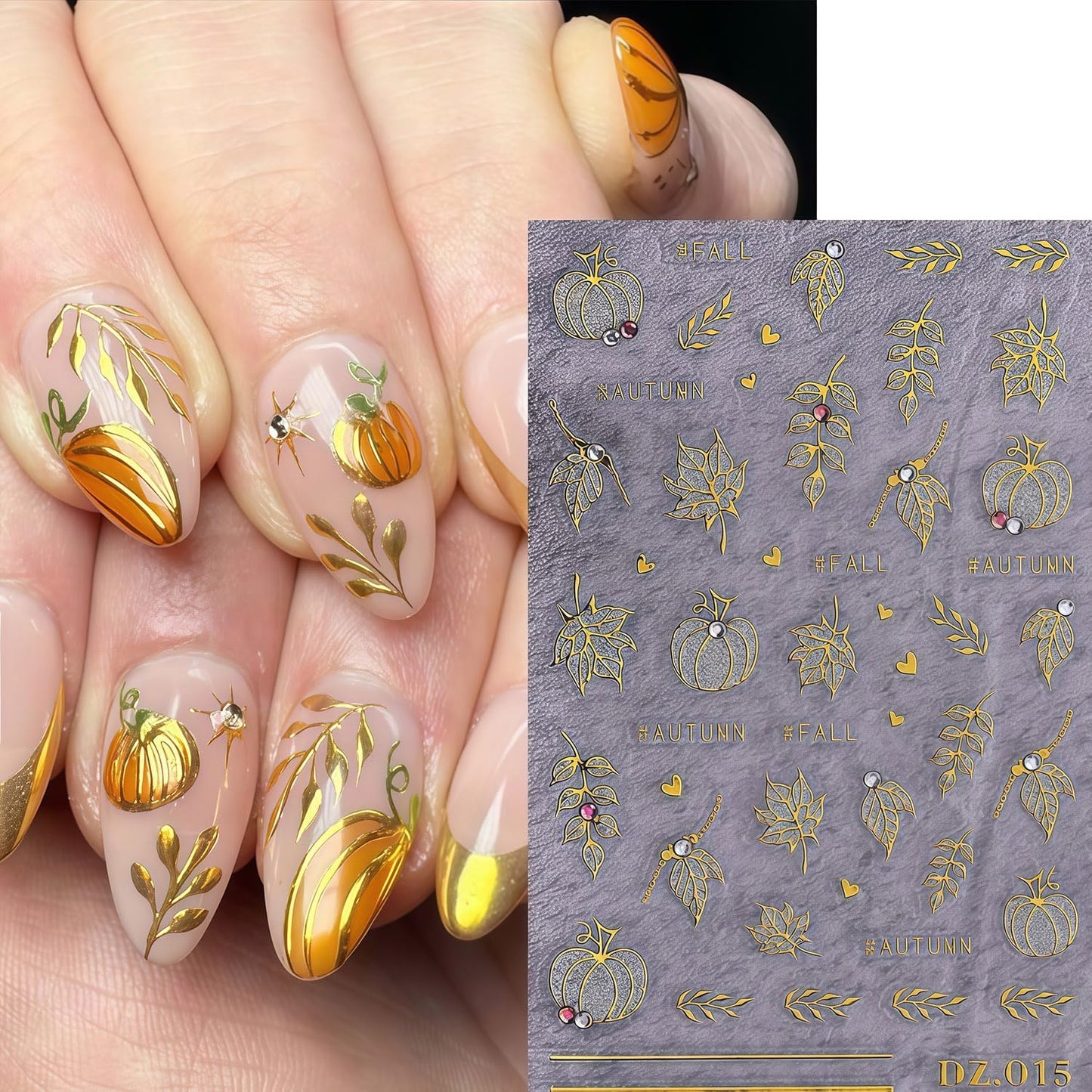 Fall Nail Art Stickers 2 Sheets Gold Pumpkin Nail Decals 3D Self-Adhesive Thanksgiving Day Nails Art Decorations with Glitter Rhinestone Pumpkin Maple Leaf Pattern Nail Decals for Women Holiday DIY