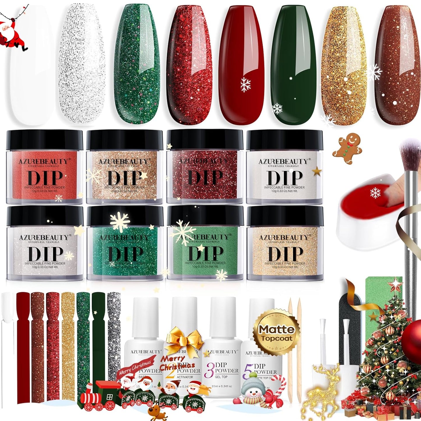 AZUREBEAUTY 30Pcs Dip Powder Nail Kit Starter, 8 Colors Green Red Gold Silver White with Nail Sticks, Nail Art Liquid Set with Matte/Base/Top Coat Activator for French Manicur