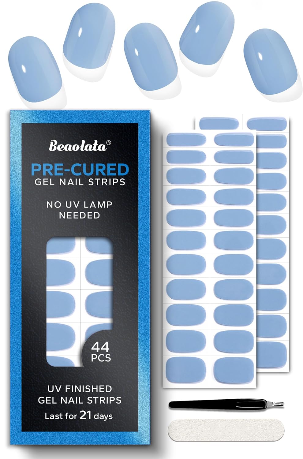 Pre Cured Gel Nail Strips - 44PCS Salon Quality Gel Nail Stickers - Long Lasting Polish Wraps for Women no UV Light Needed Easy Apply& Remove (Lily Blue)