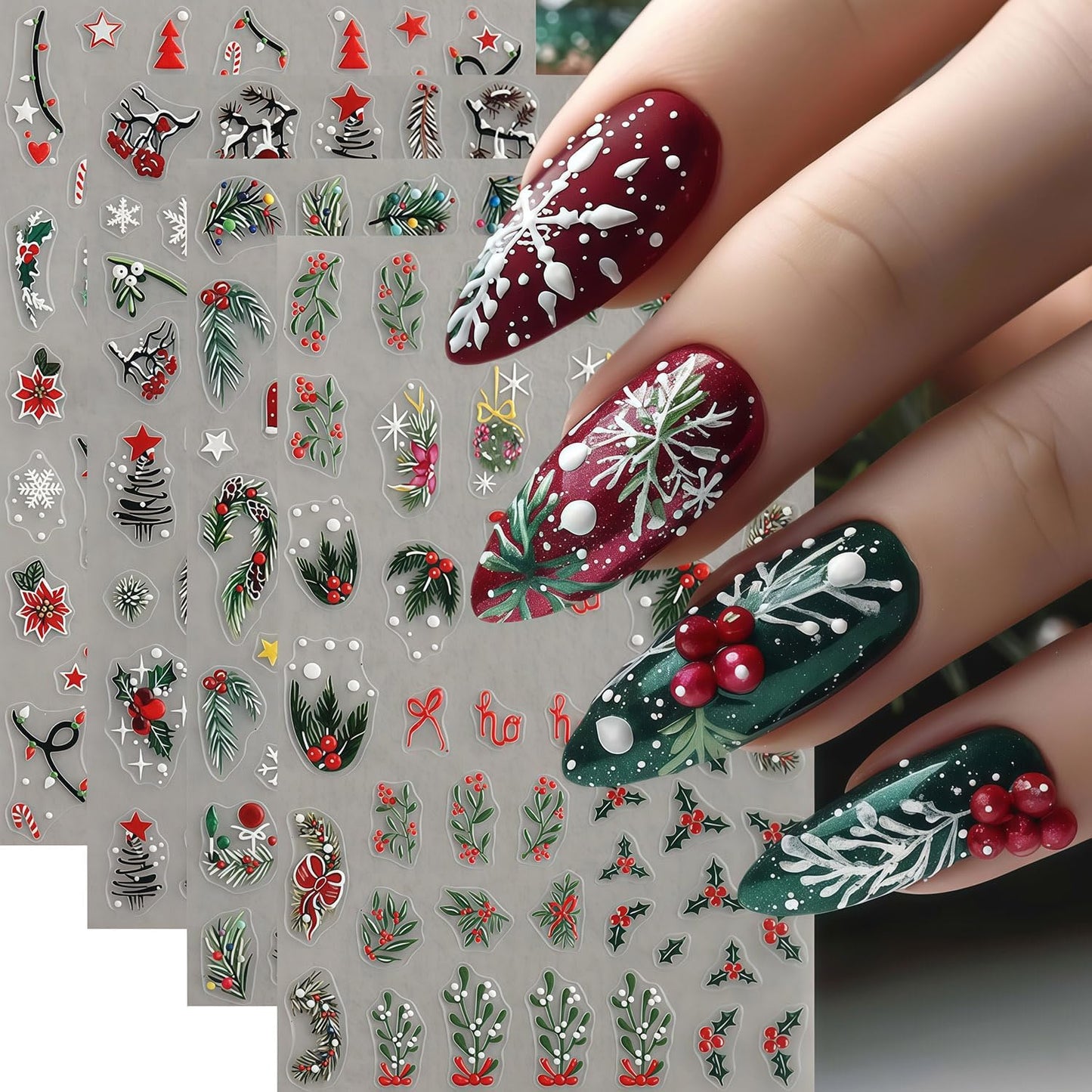 Christmas Nail Stickers 4 Sheets Christmas Nail Art Stickers, 5D Embossed Self-Adhesive Winter Leaves Snowflake Christmas Tree Flower Nail Decals Pattern Design DIY Holiday Nails Decoration for Women