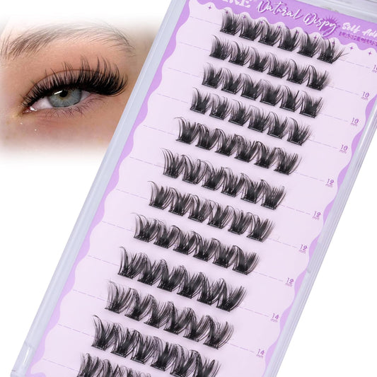 JIMIRE Self Adhesive Eyelashes Manga Lash Clusters Natural Look 10-14MM Wispy Pre Glued Lashes Clusters No Glue Needed D-Curly Natural Cluster Lashes Reusable Invisible Band Press on Lashes