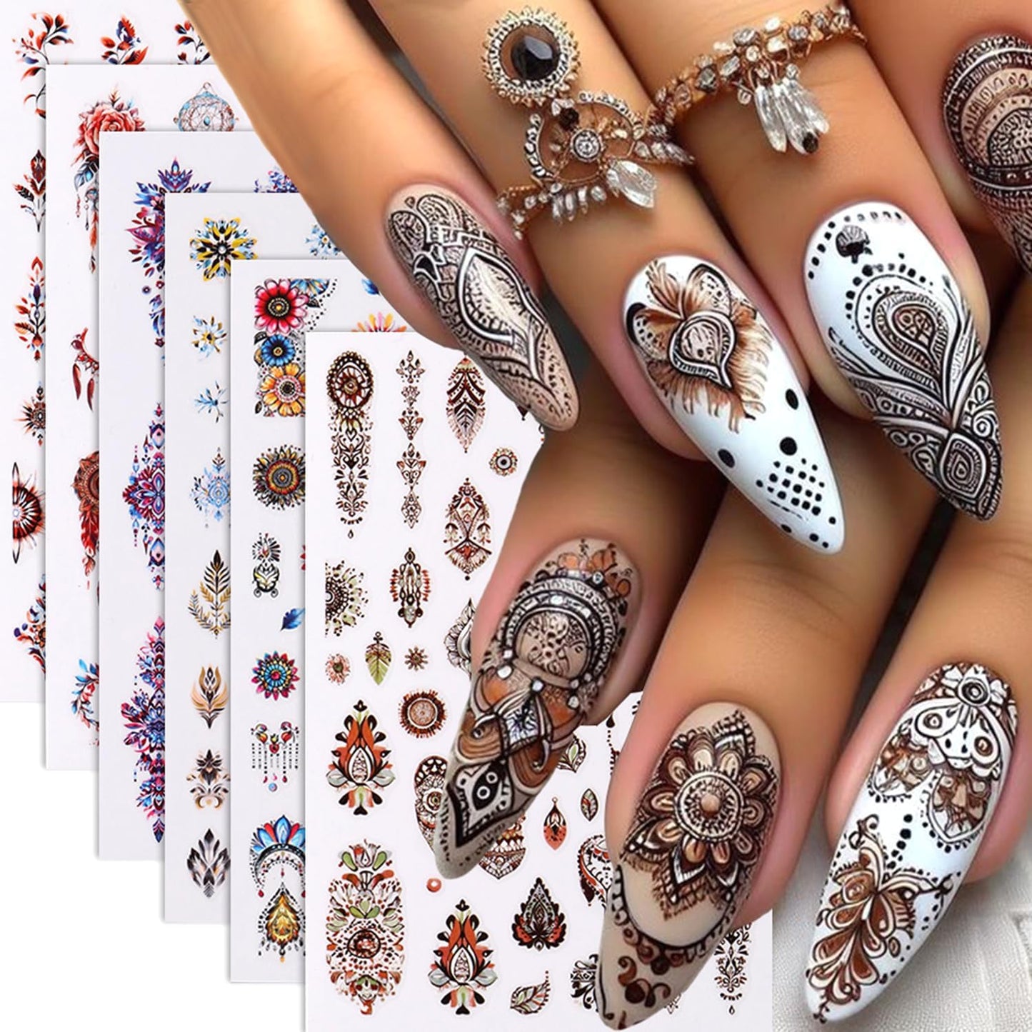 6 Sheets Bohemian Nail Art Stickers Decals Retro Feathers Nails Stickers for Nail Art Self-Adhesive Nails Decals