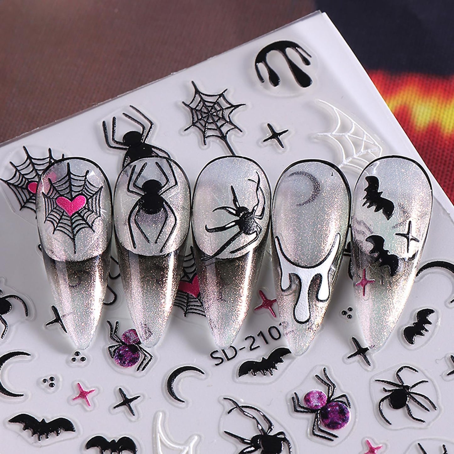 Embossed Halloween White Ghost Nail Stickers Decals Black Spider Web Bat Nail Art Sticker Decal Blood Drop Nails Sticker Self-Adhesive Spider Nails Decal for Women Halloween Decor