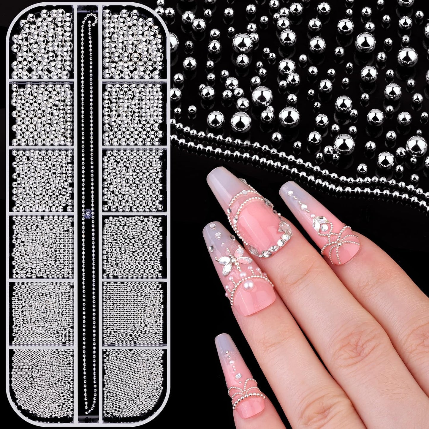 1-3MM Mini Small Nail Beads Metal Caviar Bead Silver Nail Charms and Gems Ball, Nail Chain for Nail Art Accessories Supplies Silver Rhinestones for Women Manicure