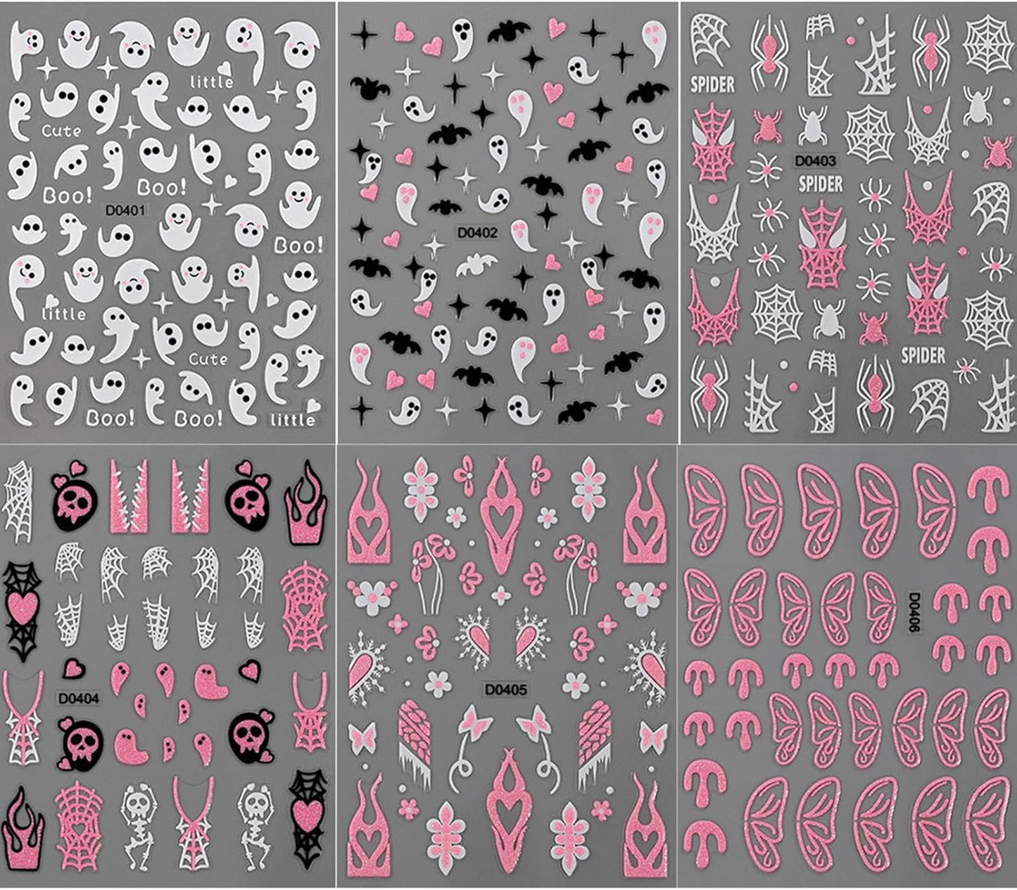 Halloween Nail Art Stickers Decals with Cute Ghost Skeleton Spider Web Bat Stars Love Flower Butterfly Design Glitter Nail Stickers DIY Festival Nail Decoration for Women Girls 6 Sheets