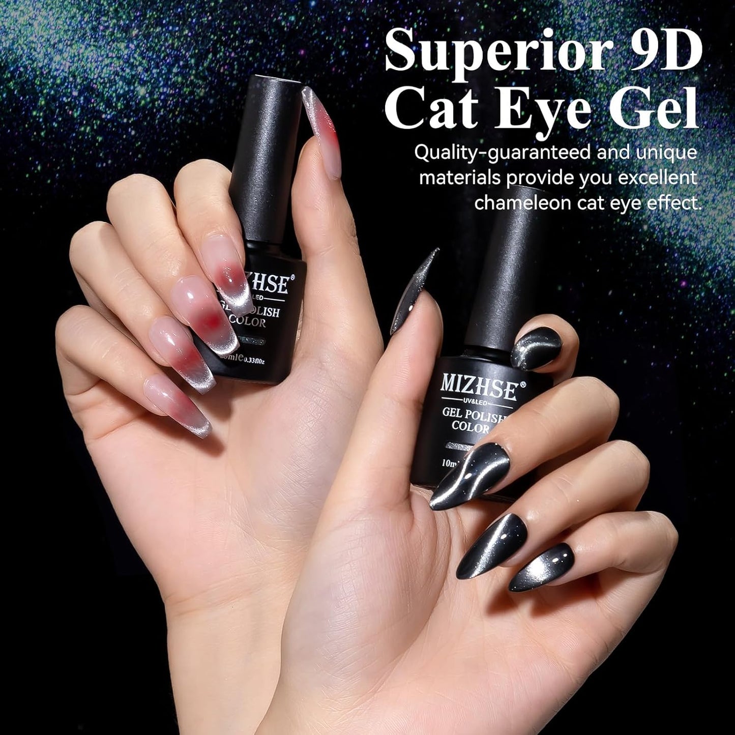 MIZHSE 9D Cat Eye Gel Nail Polish, Silver Magnetic Gel Polish with Magnet Stick, Magic Shimmer Galaxy Effect Holographic Glitter Silky Cat Eye Nail Polish Soak Off Nail Art Salon Manicure DIY at Home