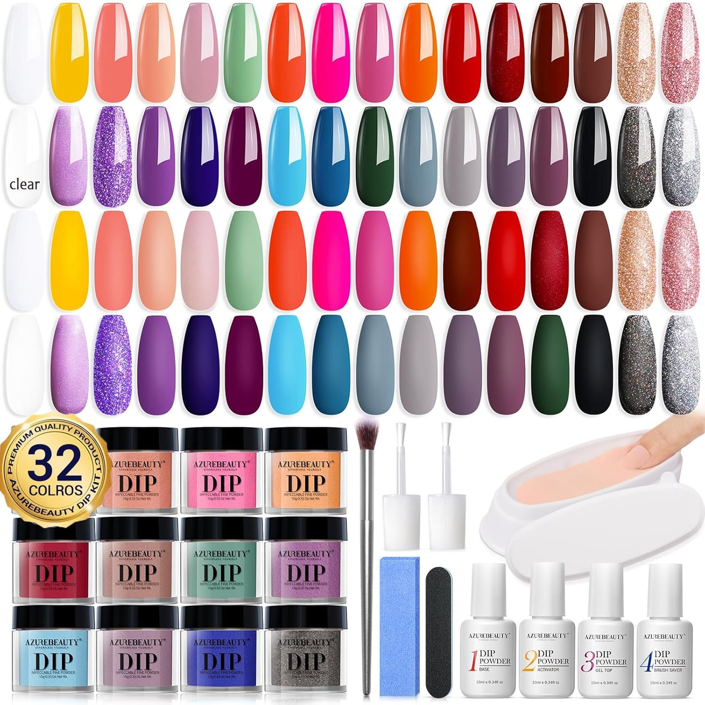 AZUREBEAUTY Dip Powder Nail Kit 32 Colors, Fall Winter Color Series Nail Dipping Powder Starter Kit Dip System Essential Liquid and Dip Recycling Tray Set for French Nail Art Manicure Salon DIY Home