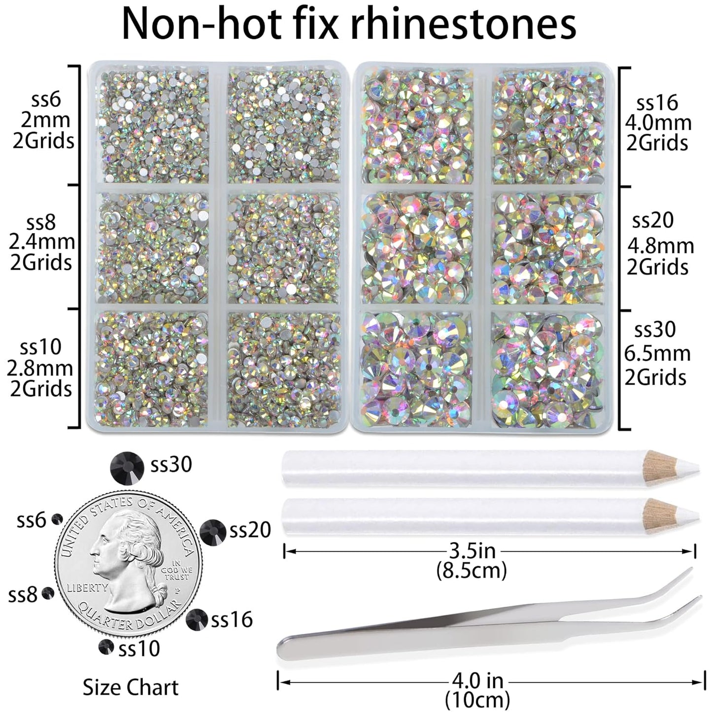 LPBeads 6000 Pieces Clear AB Non Hotfix Rhinestones 6 Sizes Round Crystal Glass Flat Back Rhinestones with Tweezers and Picking Pen for Nail Art Crafts Clothes Bags DIY