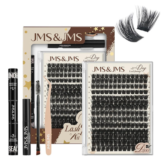 JMS&JMS DIY Lash Extension Kit Lash Clusters Kit 200D D Curl Individual Lashes Eyelash Extension Kit 182pcs Thin Band Cluster Lashes Lash Bond and Seal Tweezers Easy to apply
