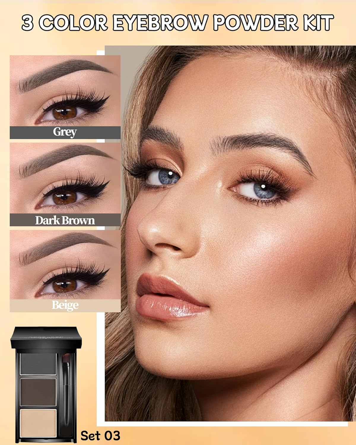 Eyebrow Powder Makeup Kit, 3 in 1 Eyebrow Kit, Brow Powder Palette Waterproof Long-Lasting, Grey Brown Beige Brow Filler, Fill & Sculpt Full Eyebrow Kit for Women, With Mirror, Brush & Razor Set 03