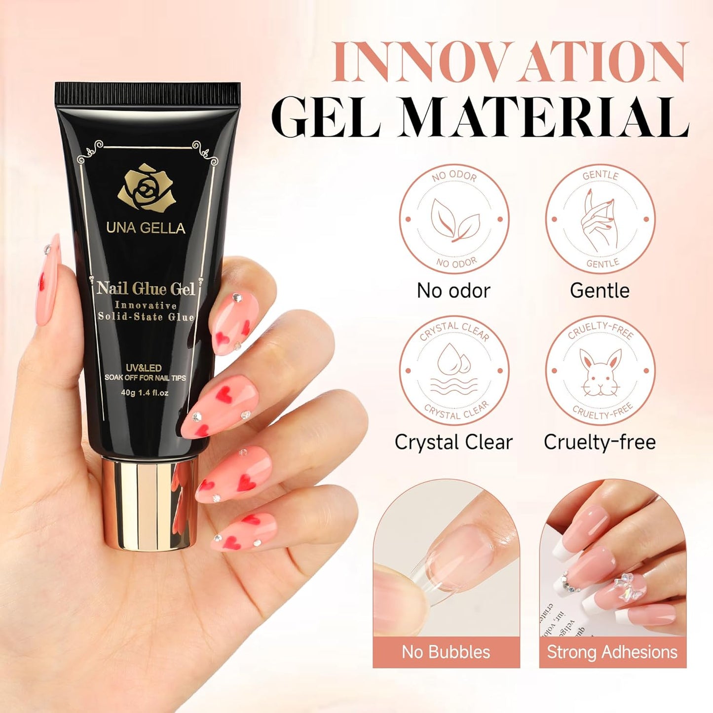 UNA GELLA Gel Nail Glue 80g Super Strong U V Solid Soft Gel Lamp Curing Needed Nail Glue 40g*2 for Acrylic Nail Tips for Fake Acrylic Press On Nails Extension Soak Off
