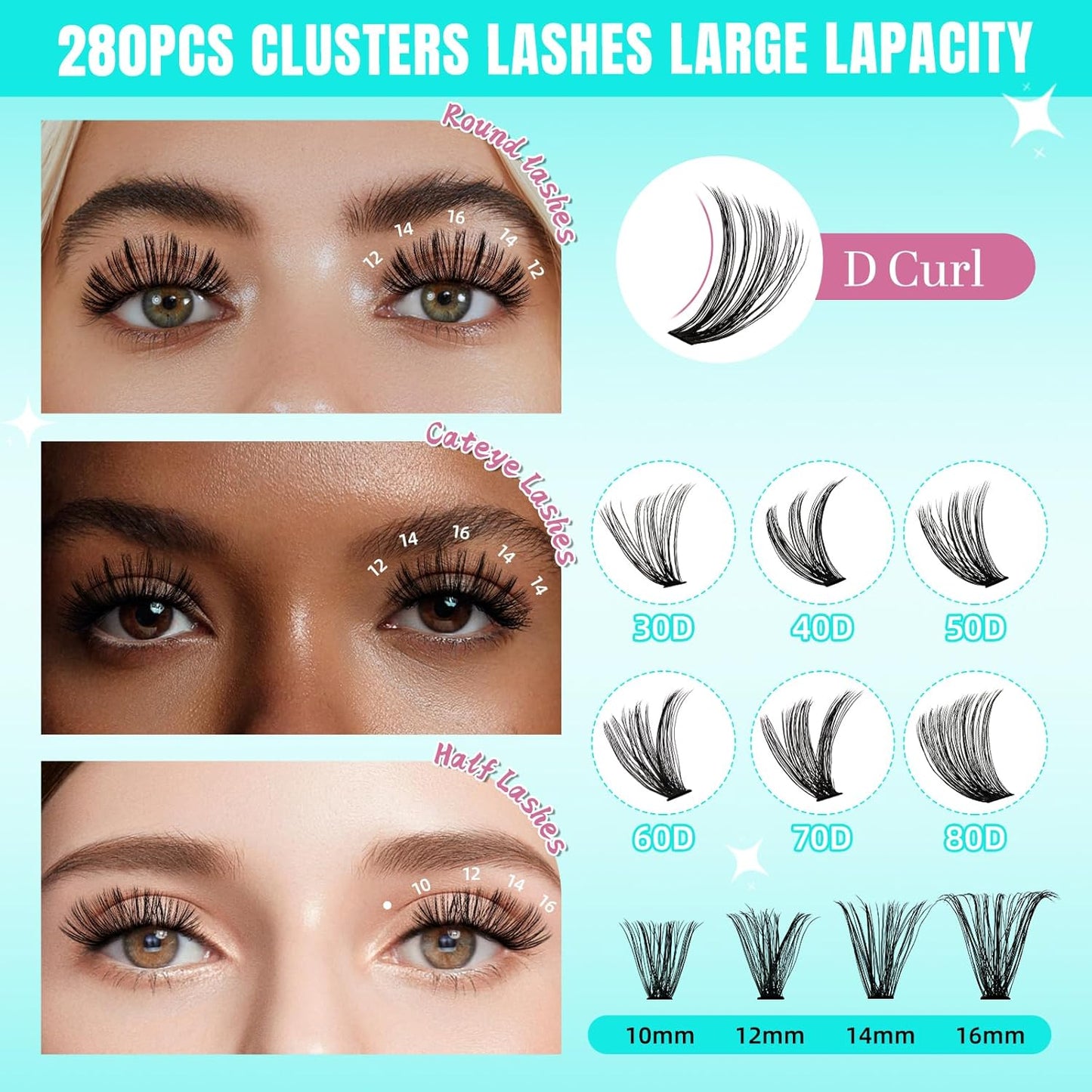Lash Clusters Wispy 280PCS Eyelash Extension 60D Cluster Lashes Individual Lashes DIY Lash Extension Natural Look Cluster Eyelash Extensions Soft False Eyelashes at Home for Beginners(16mm)