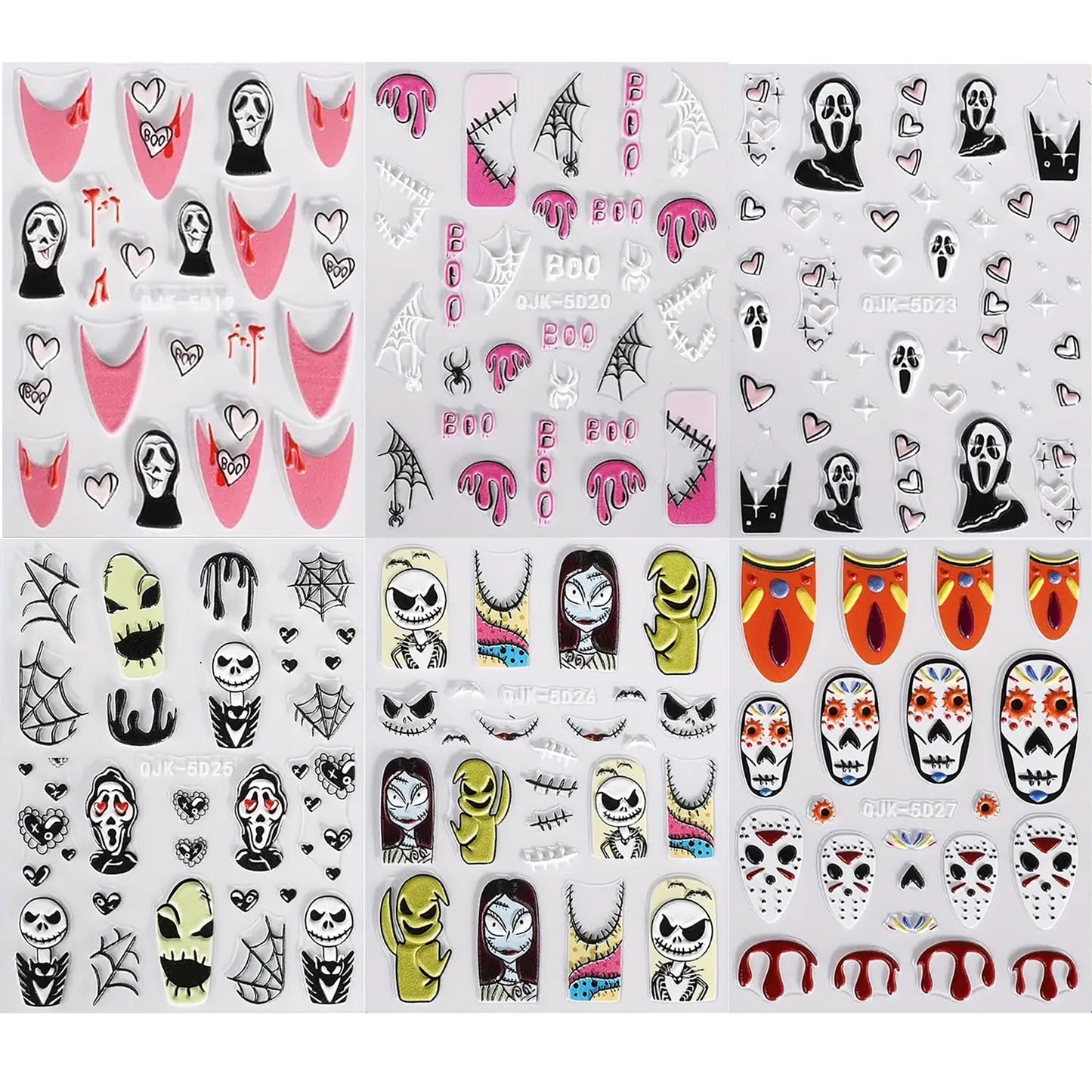 6 Pcs Halloween Nail Art Stickers Decals 5D Embossed Scary Ghost Nightmare Self-Adhesive Designs Nail Supplies Terror Scar Mask Spider Web Designs Halloween DIY Manicure Decorations for Women