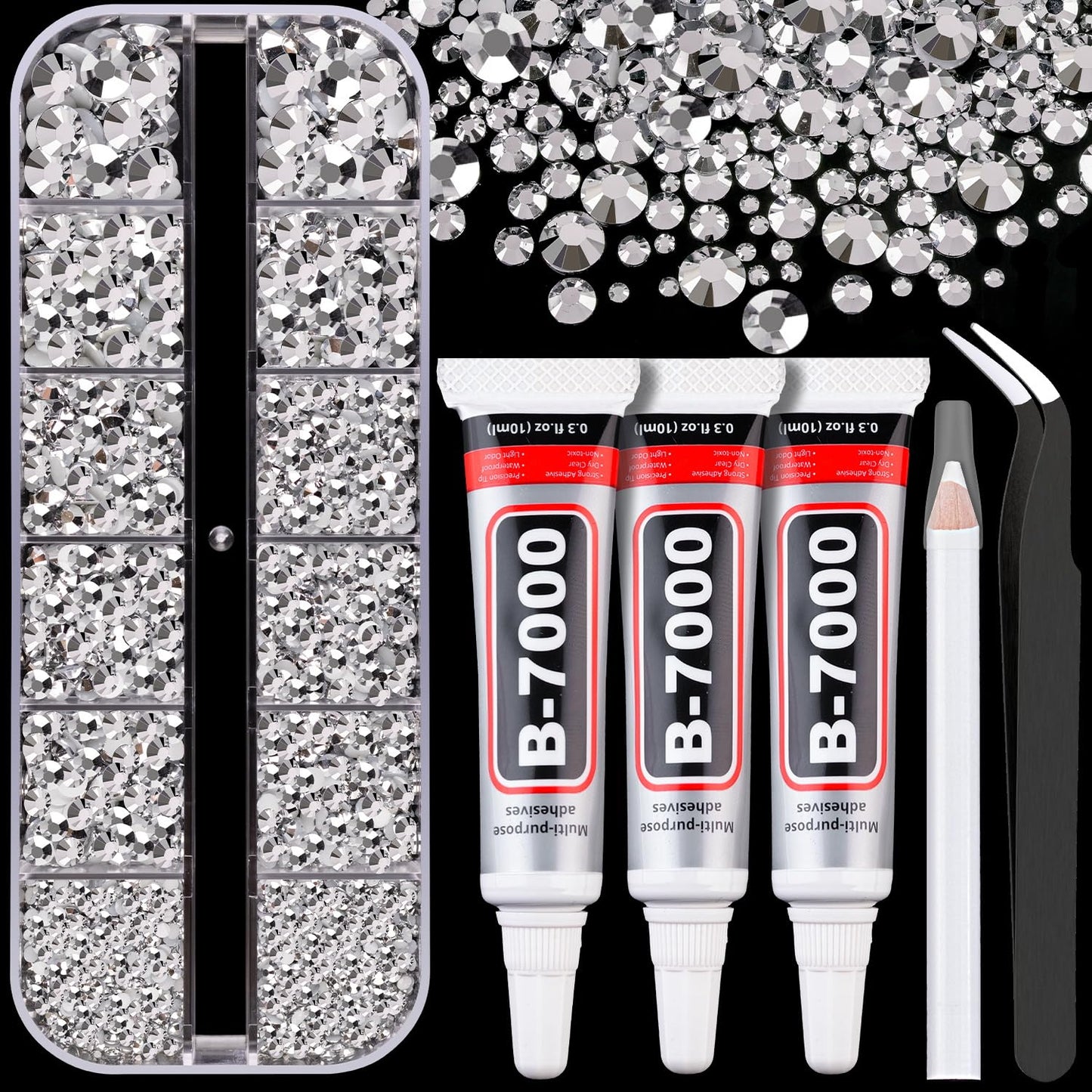 Resin Rhinestones for Crafting with B7000 Jewelry Glue, 1 Box Silver Flatback Crystals with 3Pcs 10ml Glue for Bedazzling Crafts DIY Nail Art Makeup，Non Hotfix Gems for Clothing Shoes