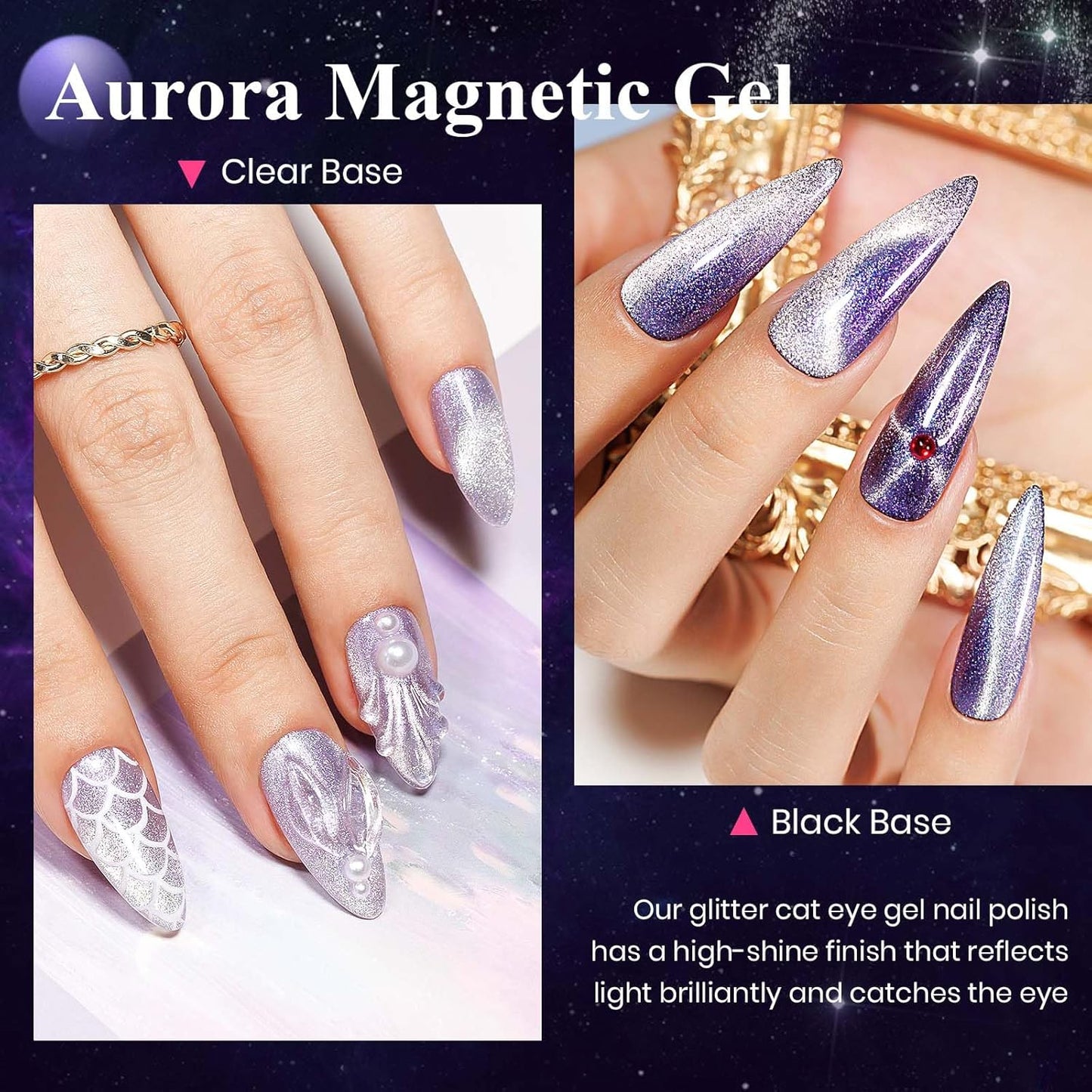 MIZHSE Cat Eye Gel Nail Polish, Aurora Purple Magnetic Gel Polish with Magnet Stick, Shiny Glitter Cateye Nail Gel Soak Off Nail Art Manicure Home