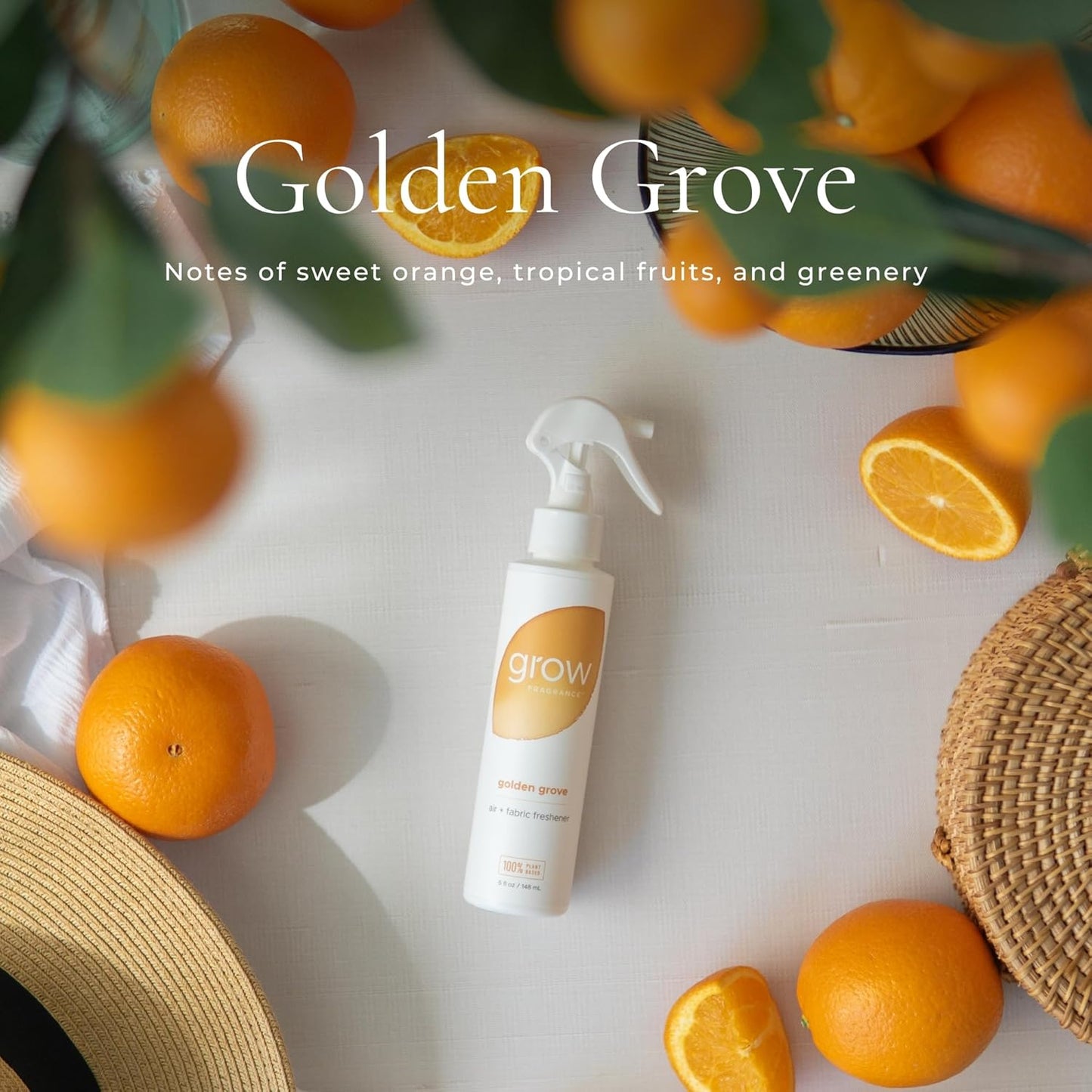 Grow Fragrance 100% Plant-Based Air Freshener Spray | Freshen Fabric & Rooms | Golden Grove Scent - Citrus, Fruits, Watery Green Notes | Made with Natural Essential Oils - 2 Pack, 5 oz each