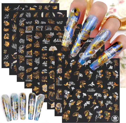 9 Sheets Autumn Nail Stickers Maple Leaf Nail Decals 3D Self Adhesive Nail Art Stickers Bronzing Laser Gold Alphabet Design Fall Thanksgiving Sticker for Nail for Women Manicure Supplies