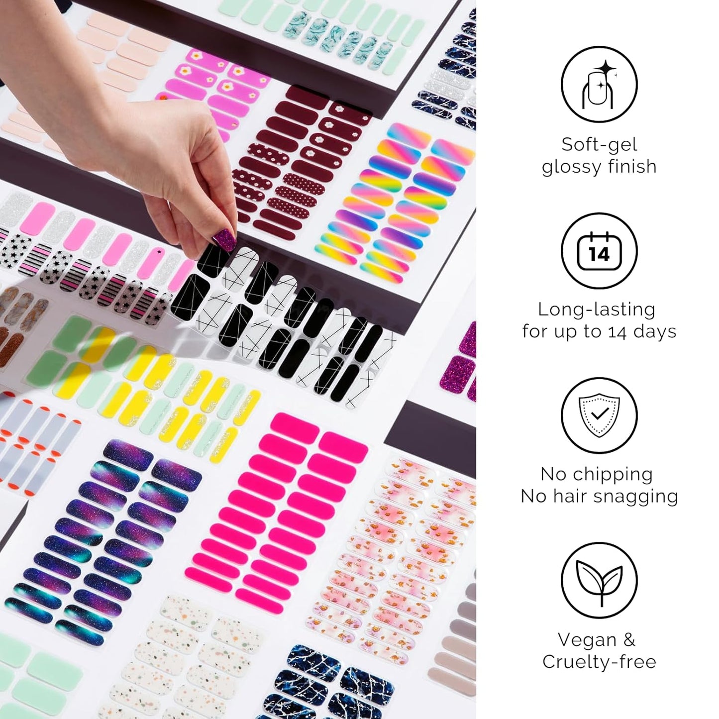 Semi Cured Gel Nail Strips - NAILOG 34 Pcs Silver Black Nail Stickers Extra Long Wraps with Glossy Gel Finishing for Autumn Winter, Reckless