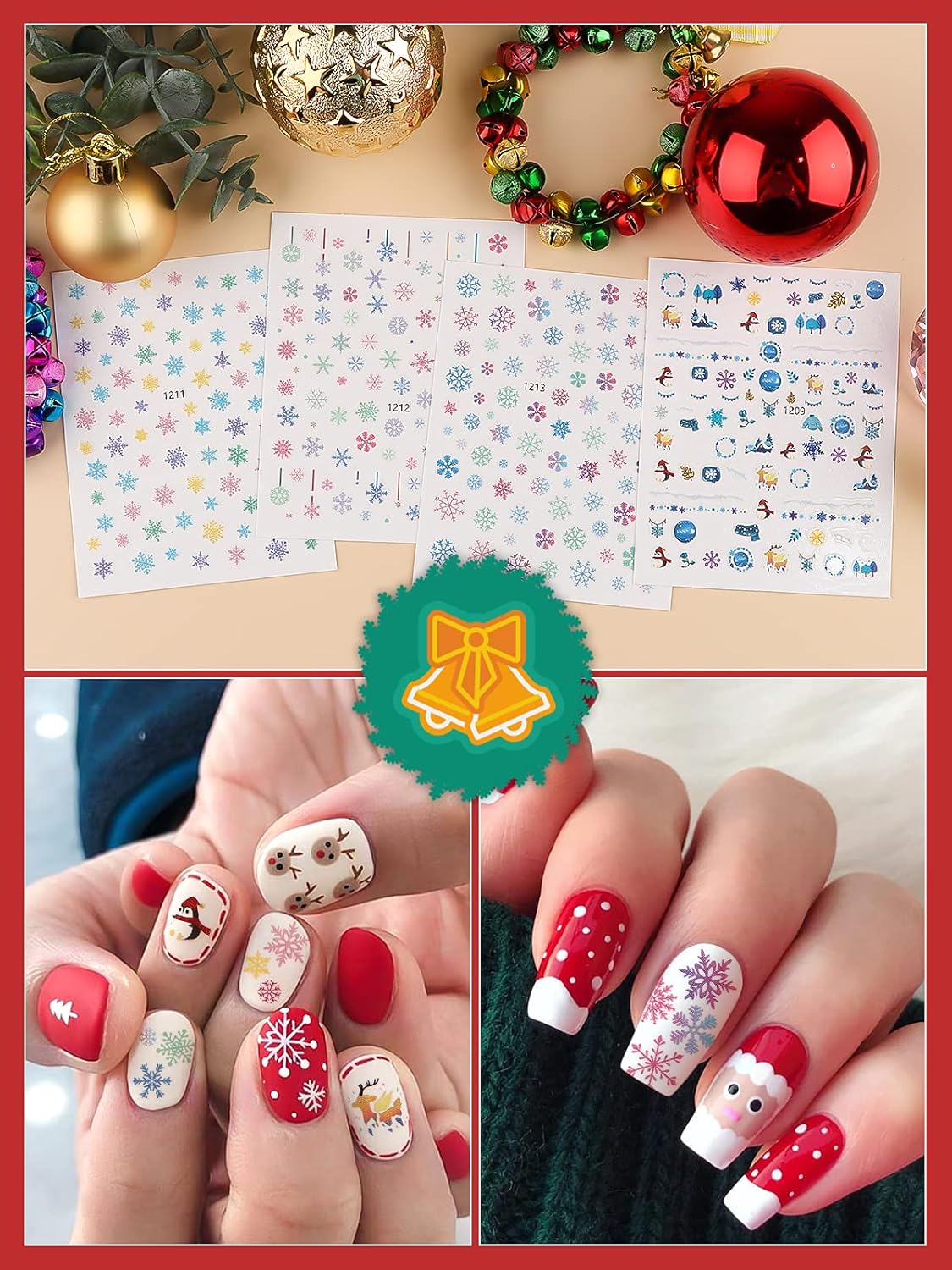 1000+ Patterns Christmas Nail Art Stickers Snowflake 3D Self-Adhesive Nail Decals, Kalolary Snowflake Santa Claus Snowman Christmas Stick Elk for Christams Nail Decorations for Women Kids