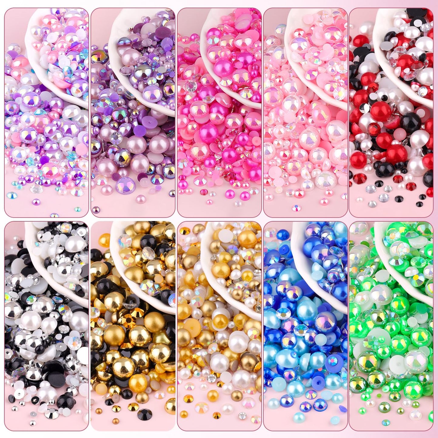 80g Flatback Pearls and Rhinestones for Crafting, Pink Purple Mixed Size 3-10mm Resin Rhinestones and Half Pearls for Bedazzling, Nail Art and Decoration with Tweezer and Pickup Pencil
